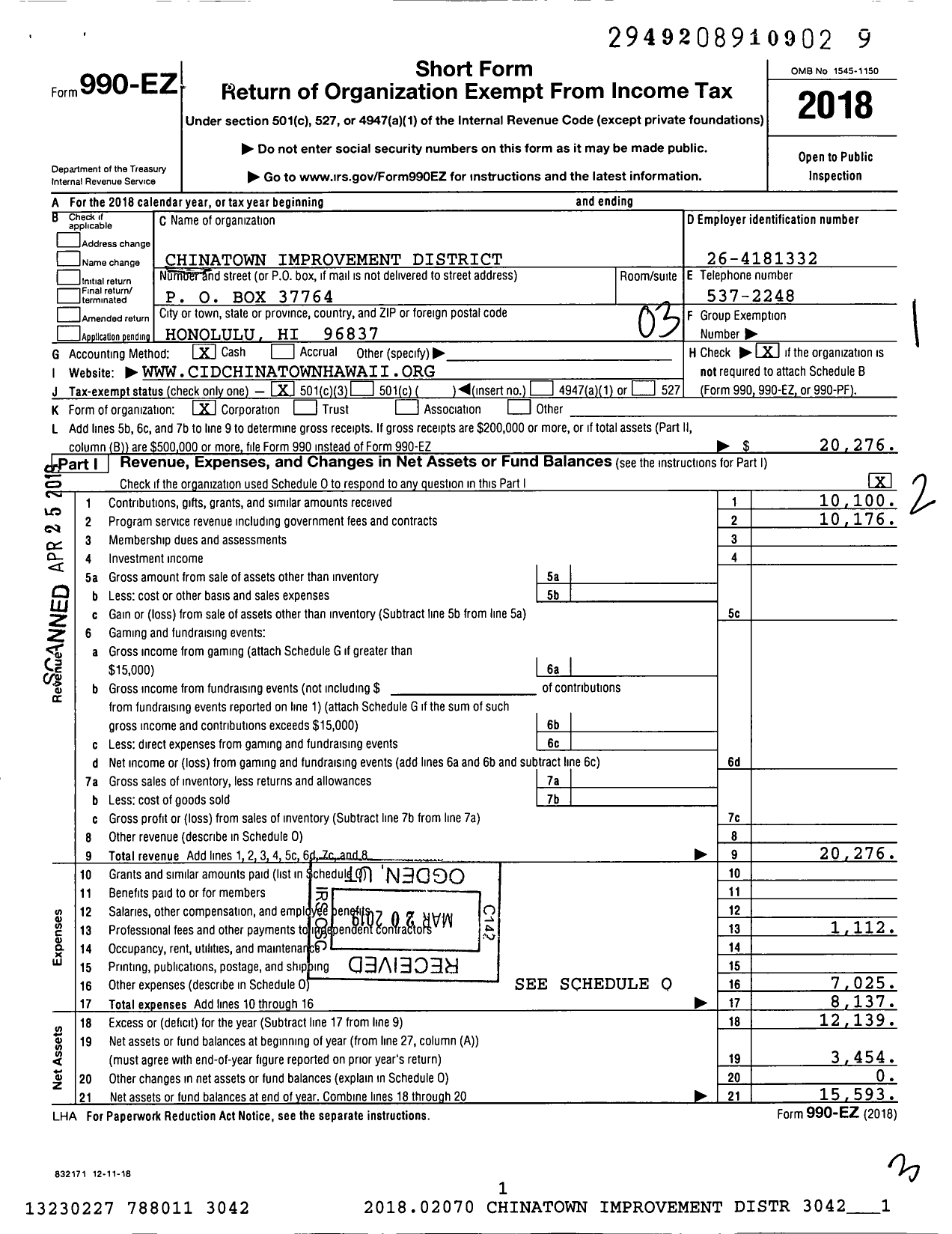 Image of first page of 2018 Form 990EZ for Chinatown Improvement District