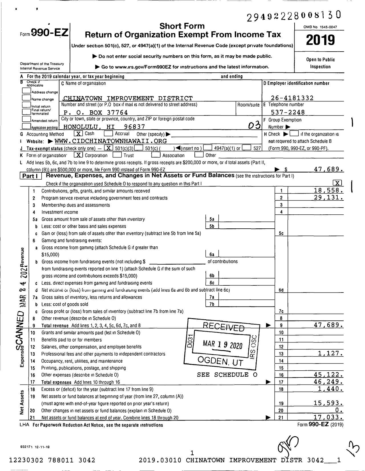 Image of first page of 2019 Form 990EZ for Chinatown Improvement District