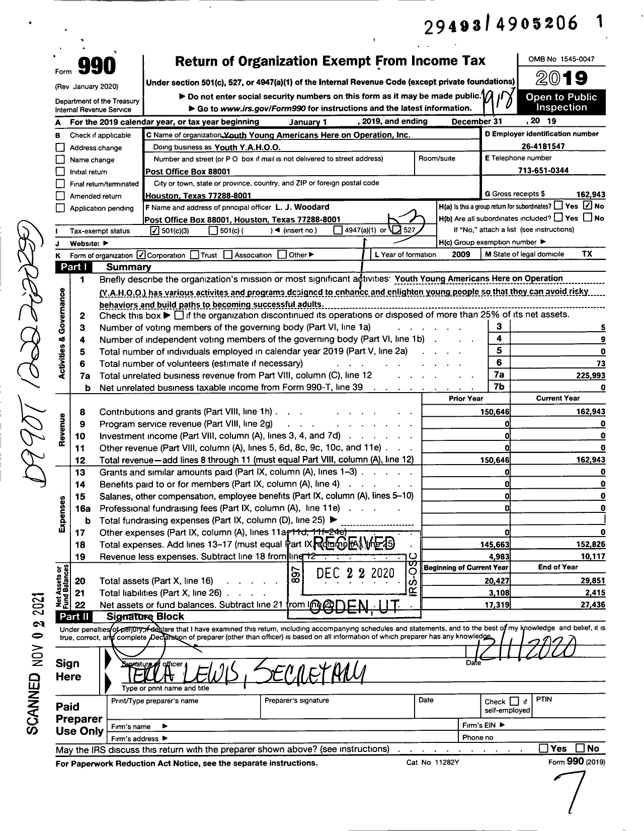 Image of first page of 2019 Form 990 for Youth Young YAHOO