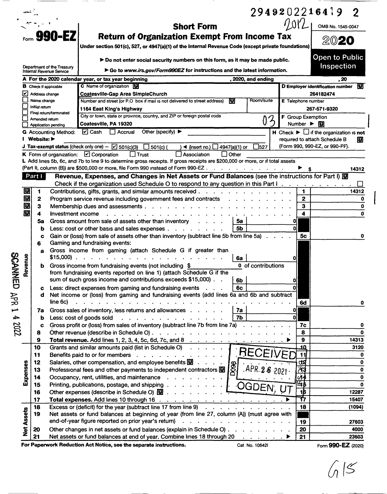 Image of first page of 2020 Form 990EZ for Coatesville-Gap Area Simple Church Network