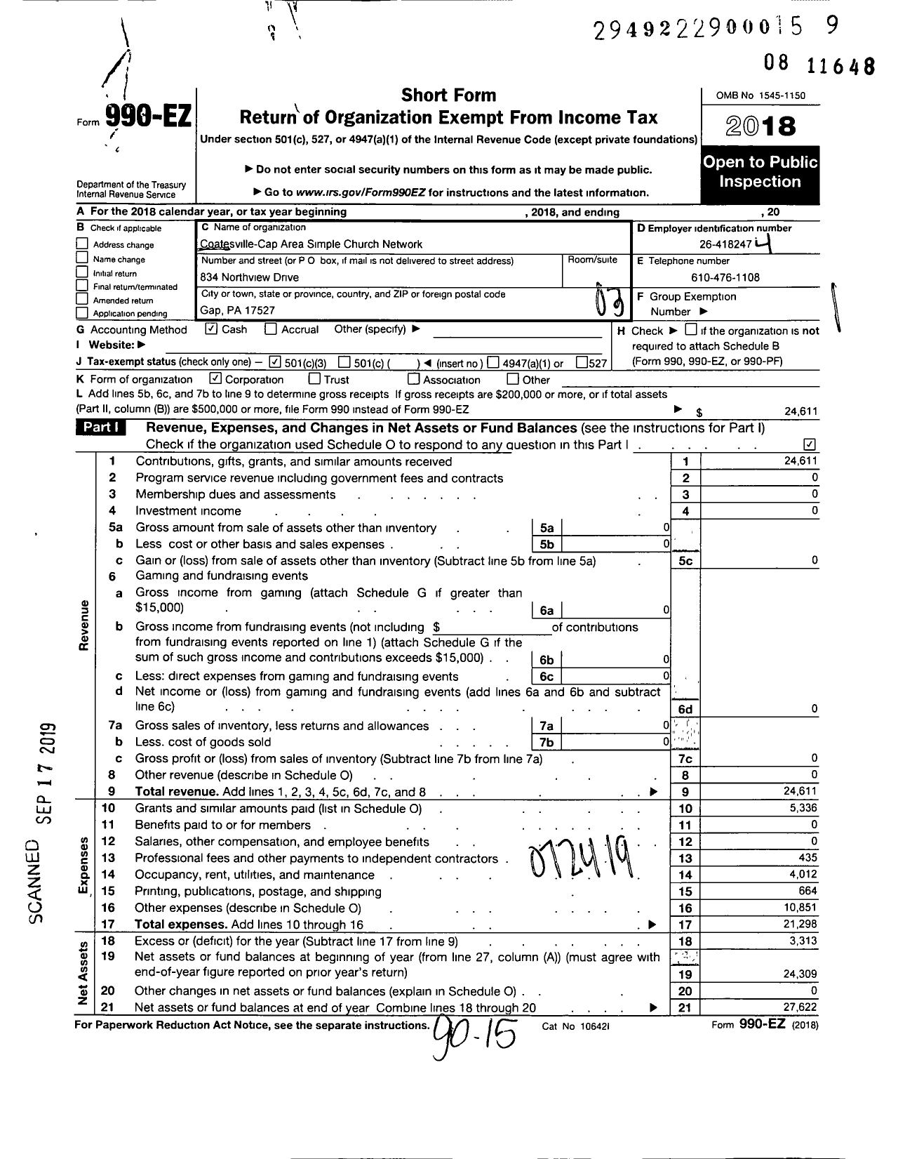 Image of first page of 2018 Form 990EZ for Coatesville-Gap Area Simple Church Network