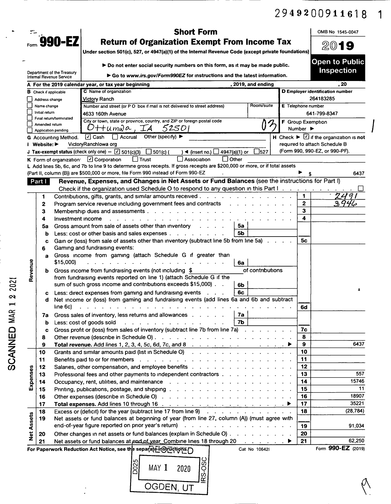 Image of first page of 2019 Form 990EZ for Victory Ranch