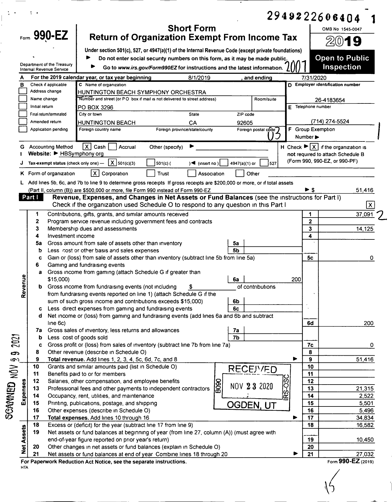 Image of first page of 2019 Form 990EZ for Huntington Beach Symphony Orchestra