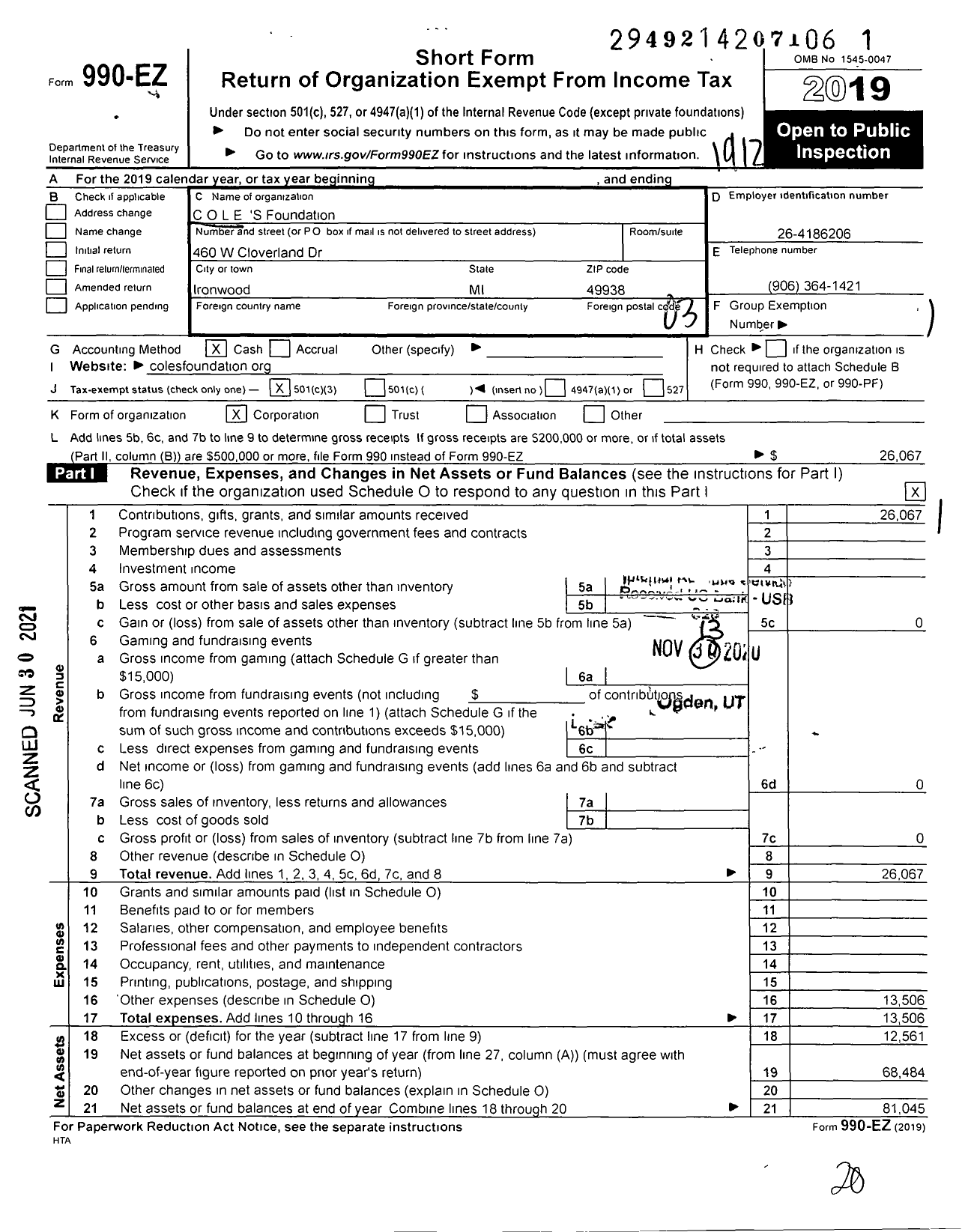 Image of first page of 2019 Form 990EZ for COLE Foundation