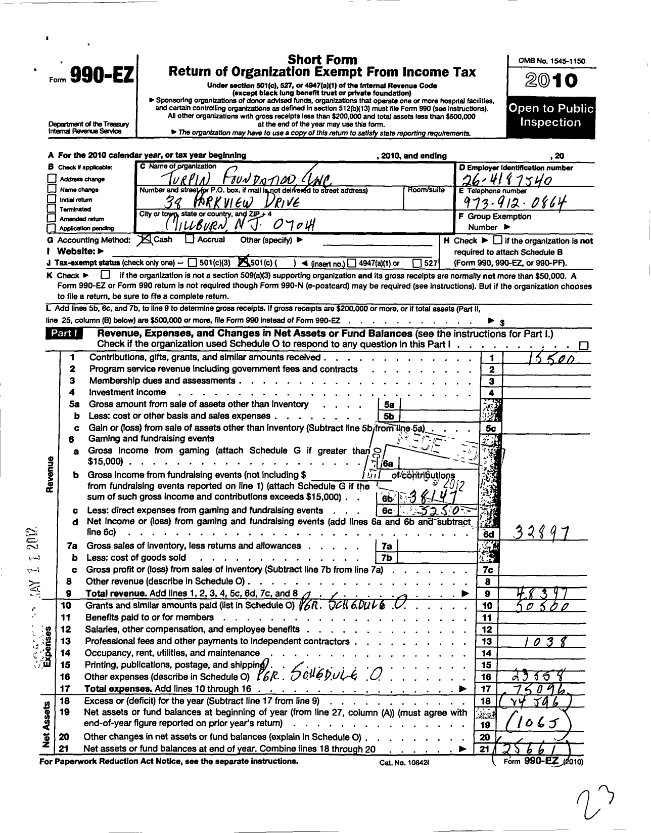 Image of first page of 2010 Form 990EO for Turpin Foundation