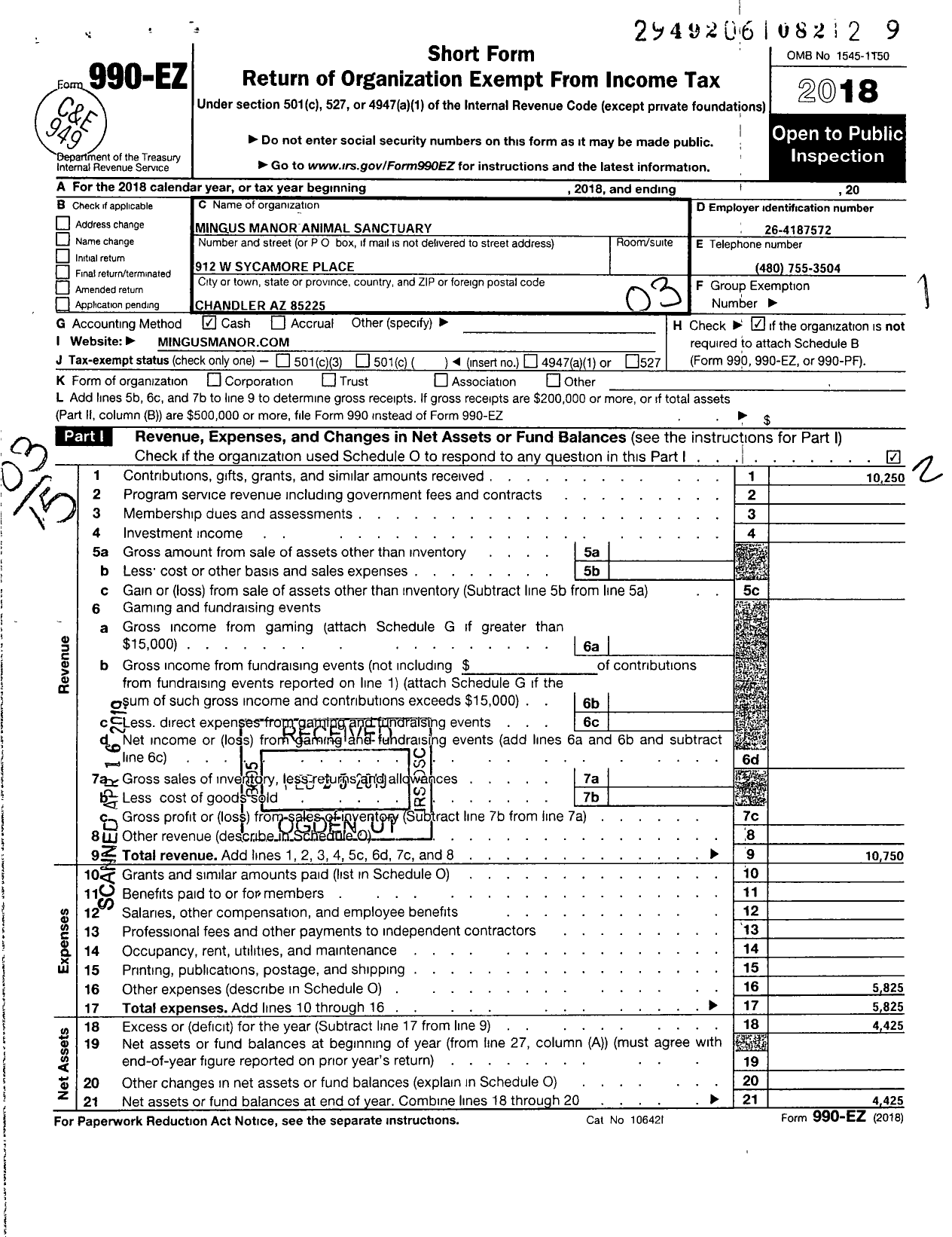 Image of first page of 2018 Form 990EZ for Mingus Manor Animal Sanctuary