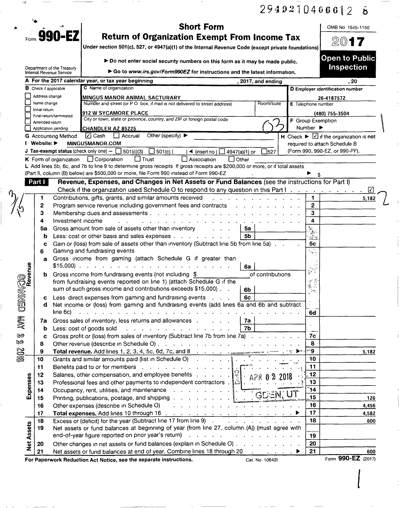 Image of first page of 2017 Form 990EZ for Mingus Manor Animal Sanctuary