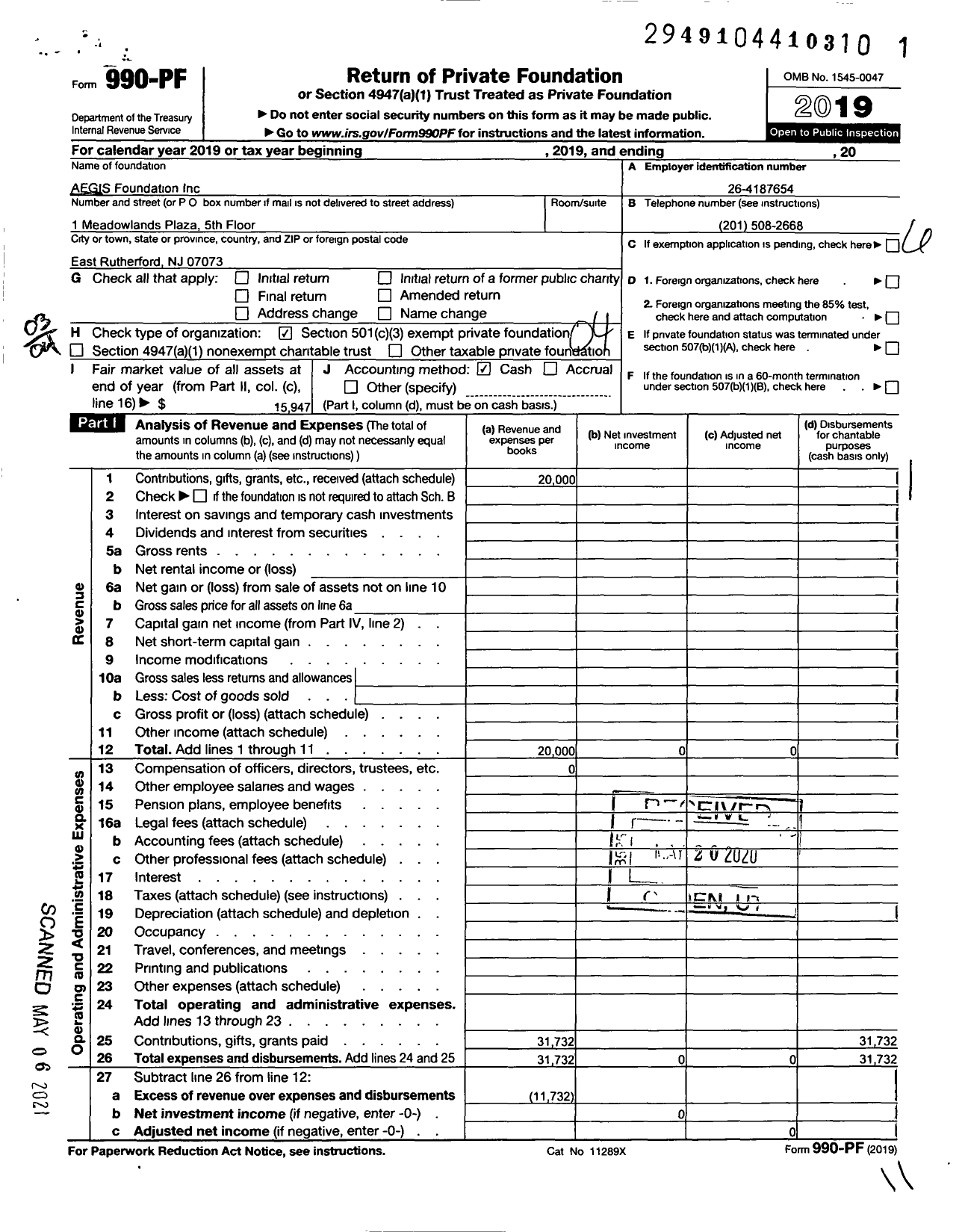 Image of first page of 2019 Form 990PF for AEGIS Foundation