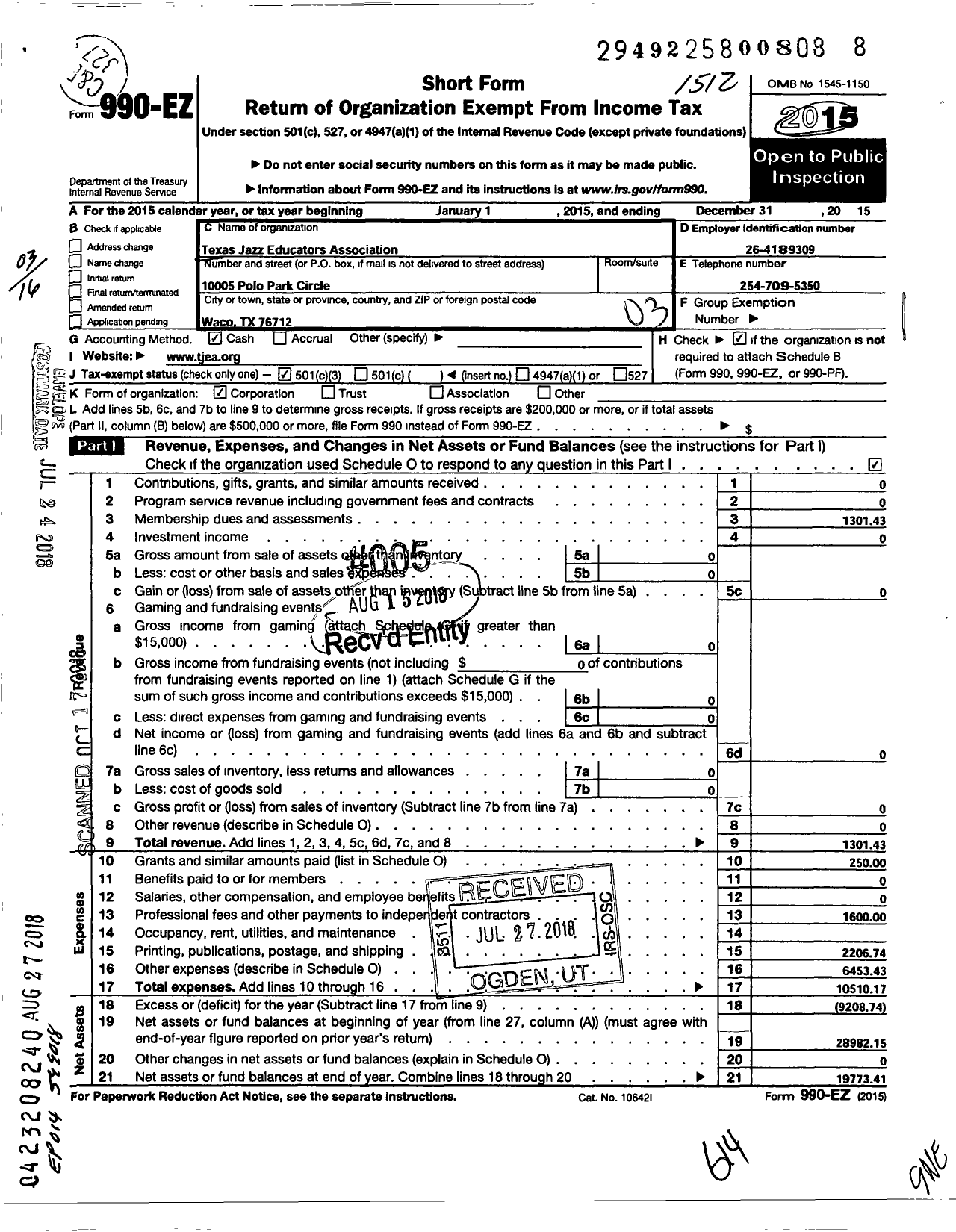 Image of first page of 2015 Form 990EZ for Texas Jazz Educators Association