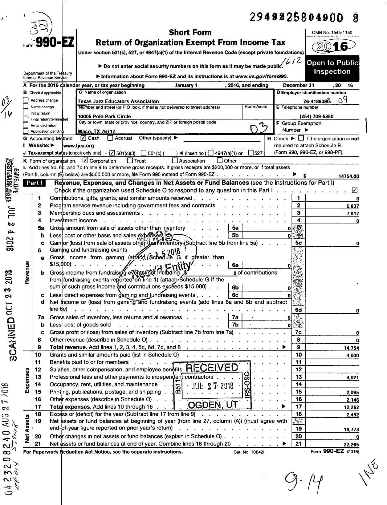 Image of first page of 2016 Form 990EZ for Texas Jazz Educators Association