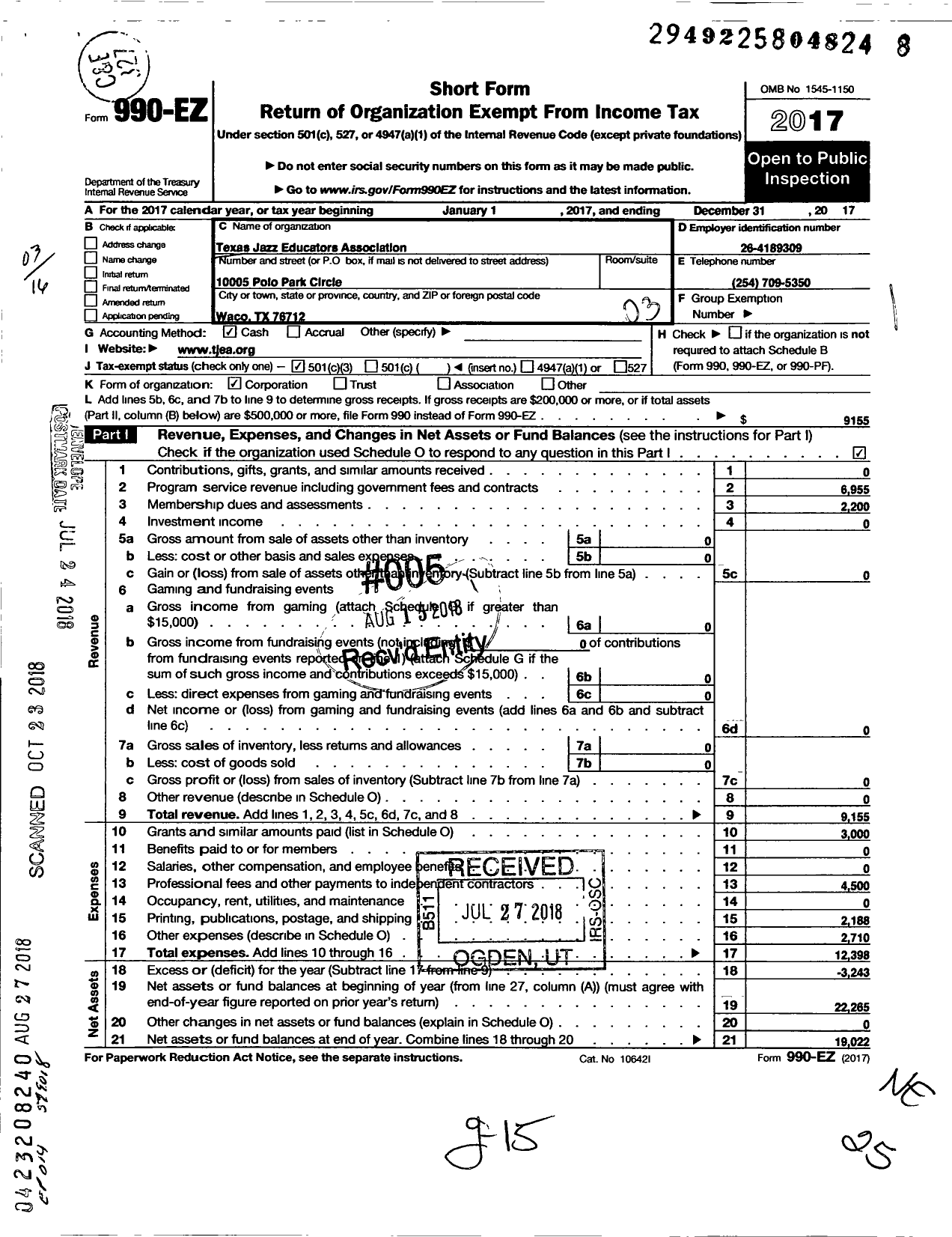 Image of first page of 2017 Form 990EZ for Texas Jazz Educators Association