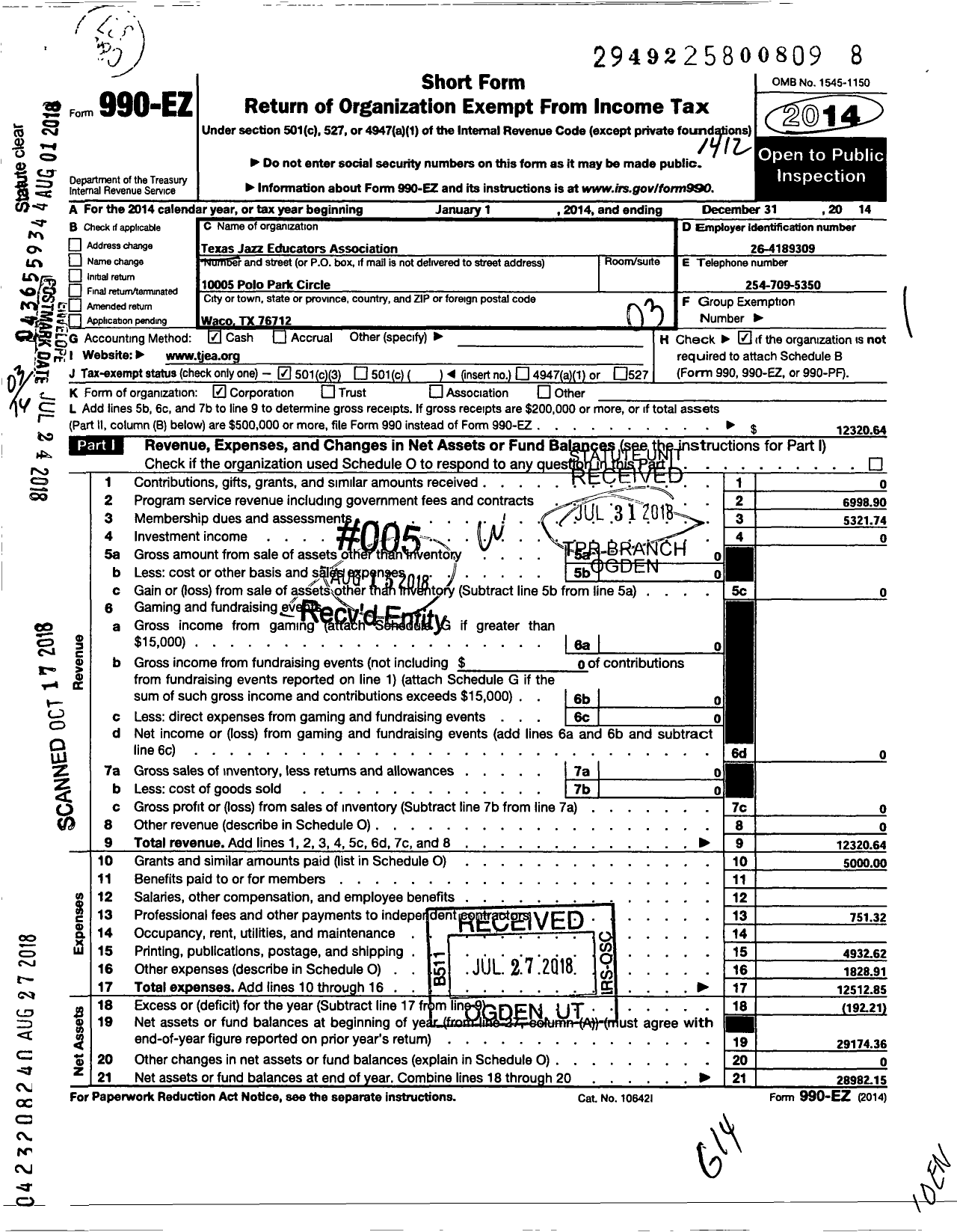 Image of first page of 2014 Form 990EZ for Texas Jazz Educators Association