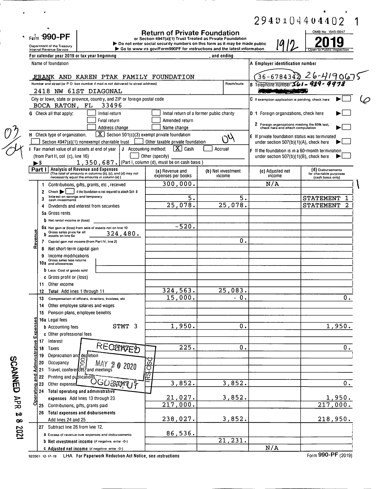 Image of first page of 2019 Form 990PF for Frank and Karen Ptak Family Foundation