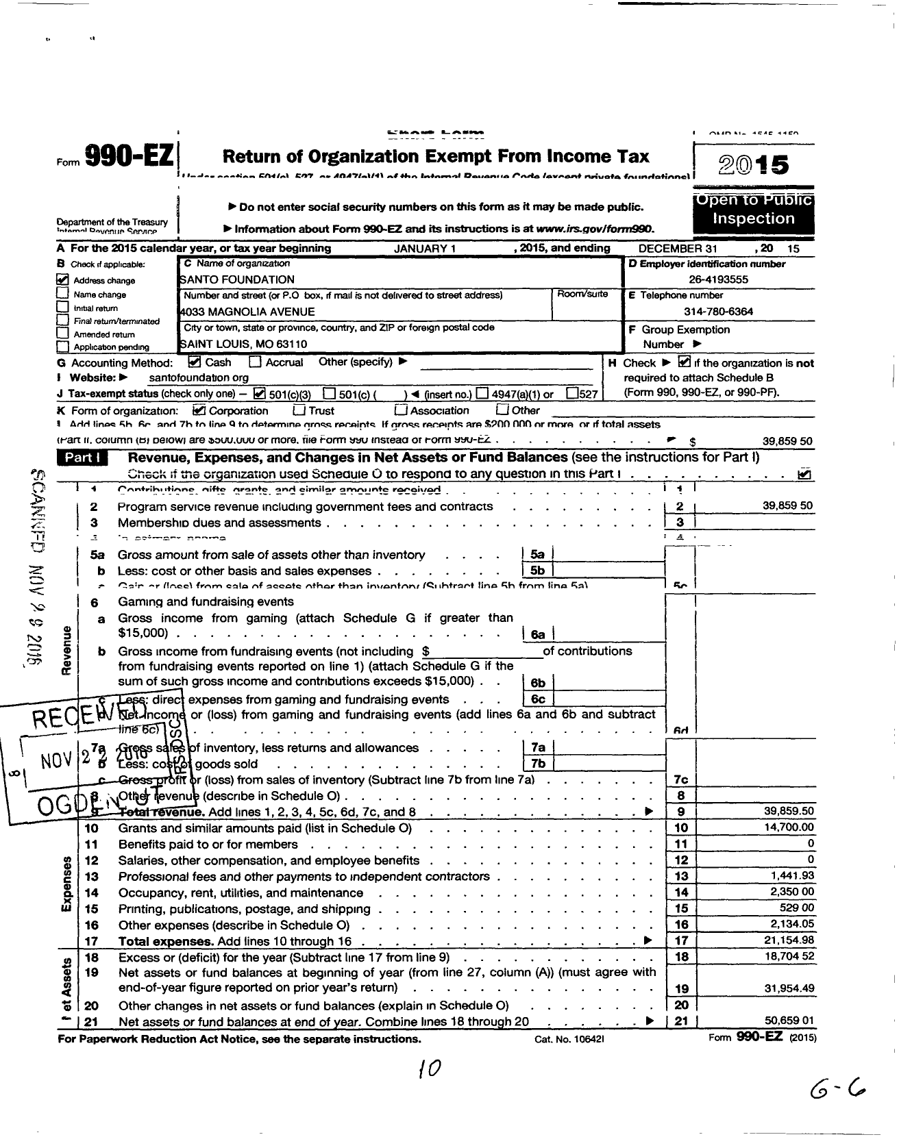 Image of first page of 2015 Form 990EZ for The Santo Foundation