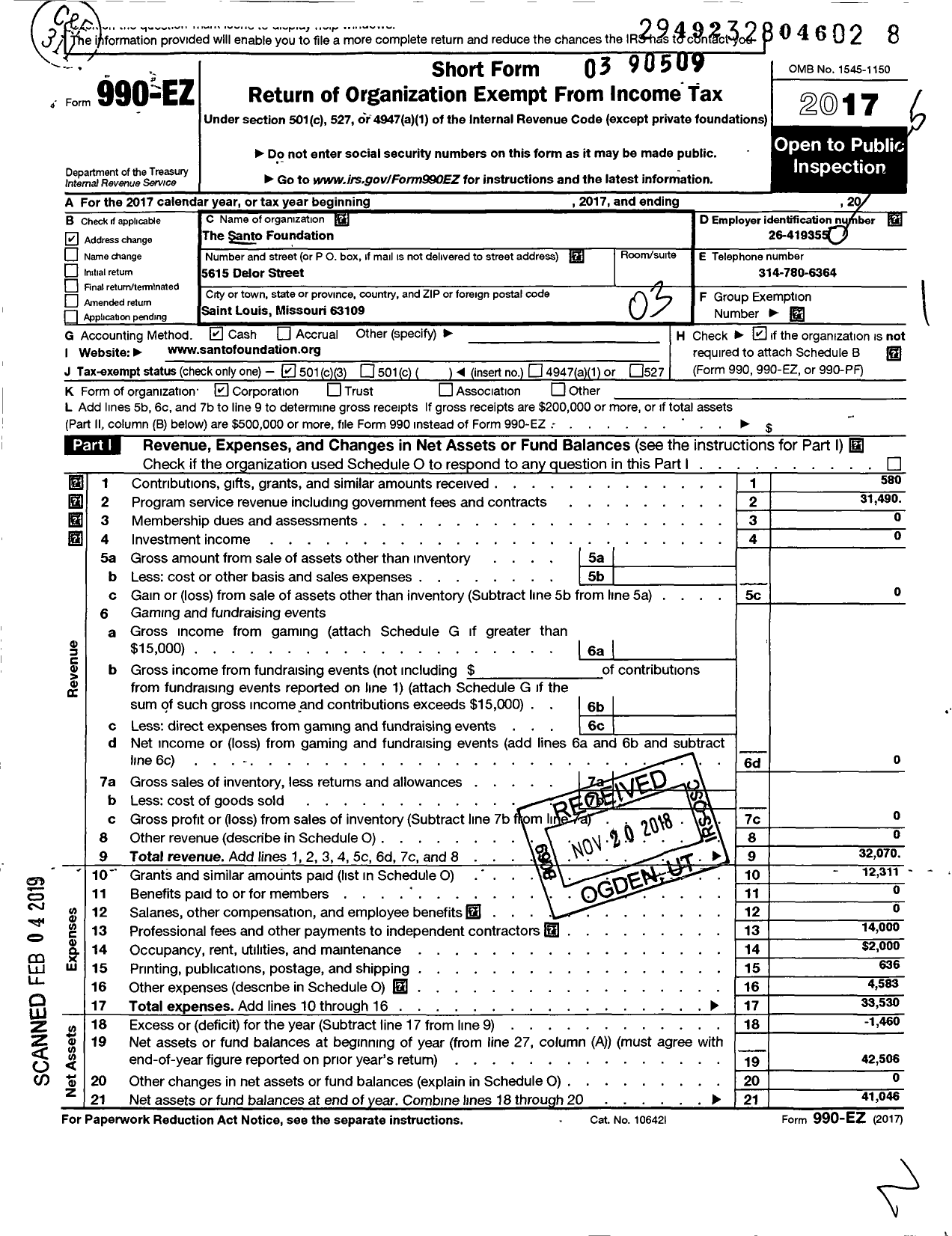 Image of first page of 2017 Form 990EZ for The Santo Foundation