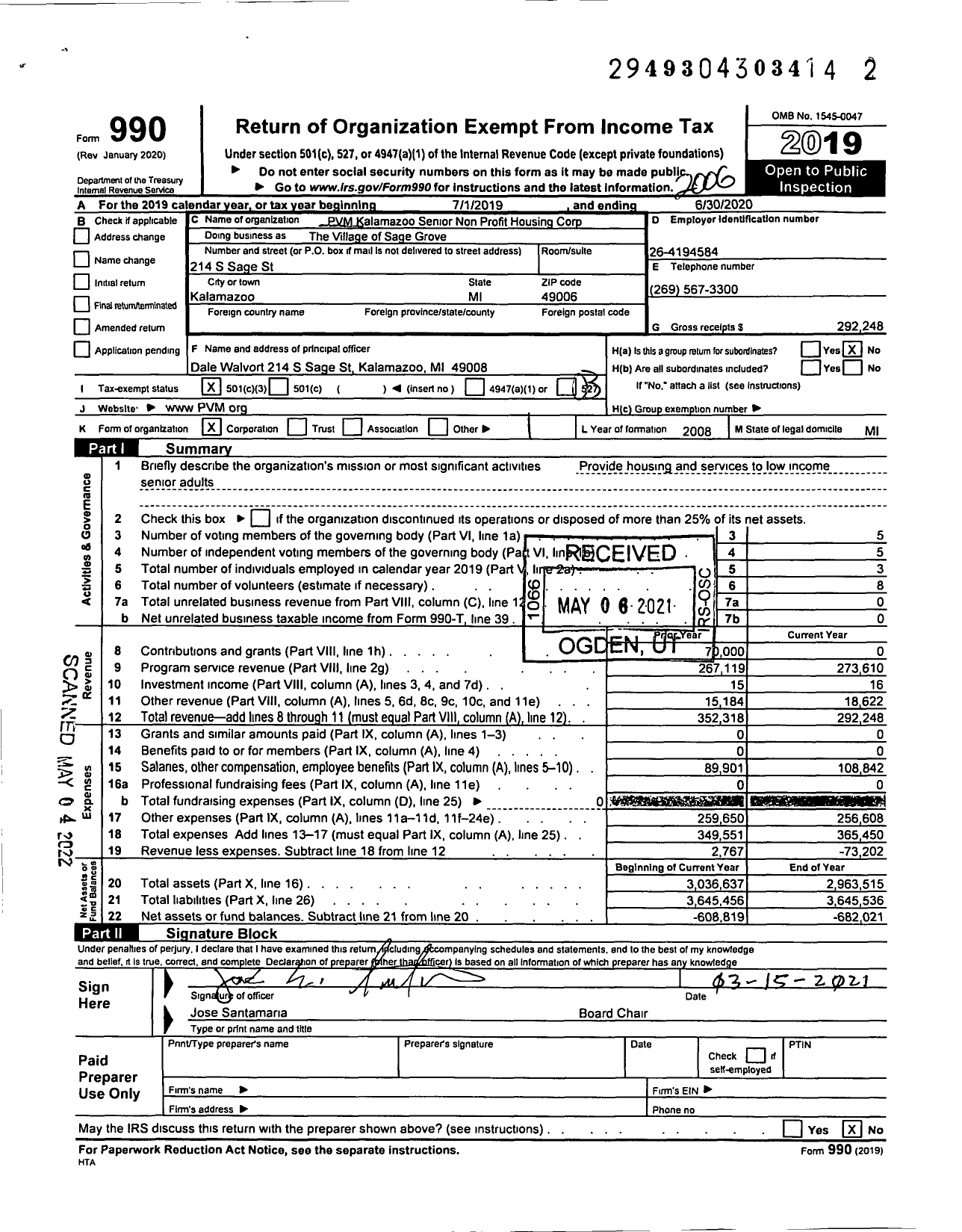 Image of first page of 2019 Form 990 for The Village of Sage Grove