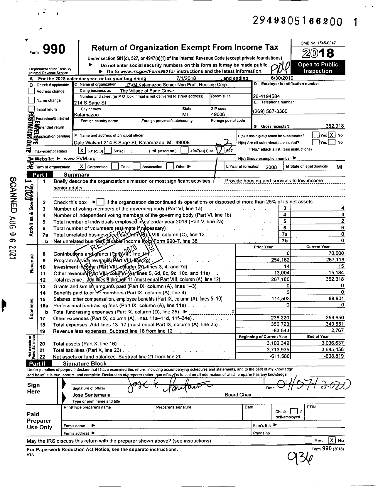 Image of first page of 2018 Form 990 for The Village of Sage Grove