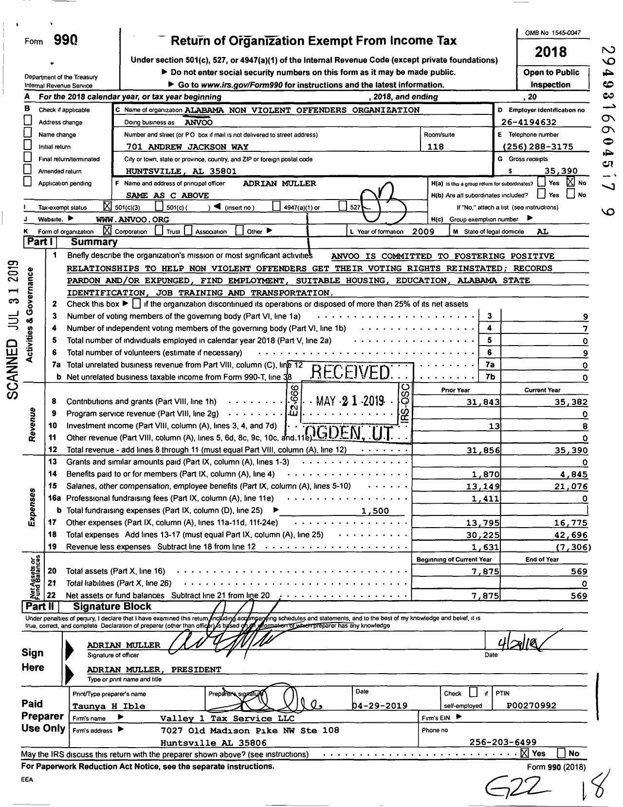 Image of first page of 2018 Form 990 for Alabama Non-Violent Offenders Organization