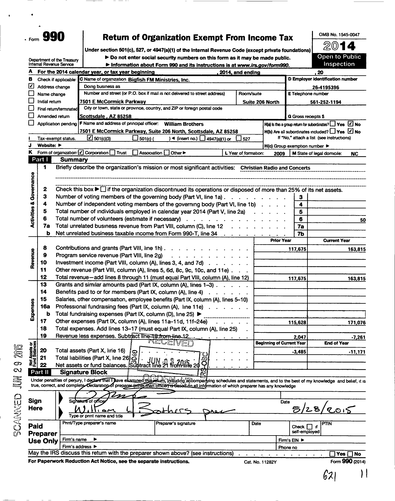 Image of first page of 2014 Form 990 for Bigfish FM Ministries