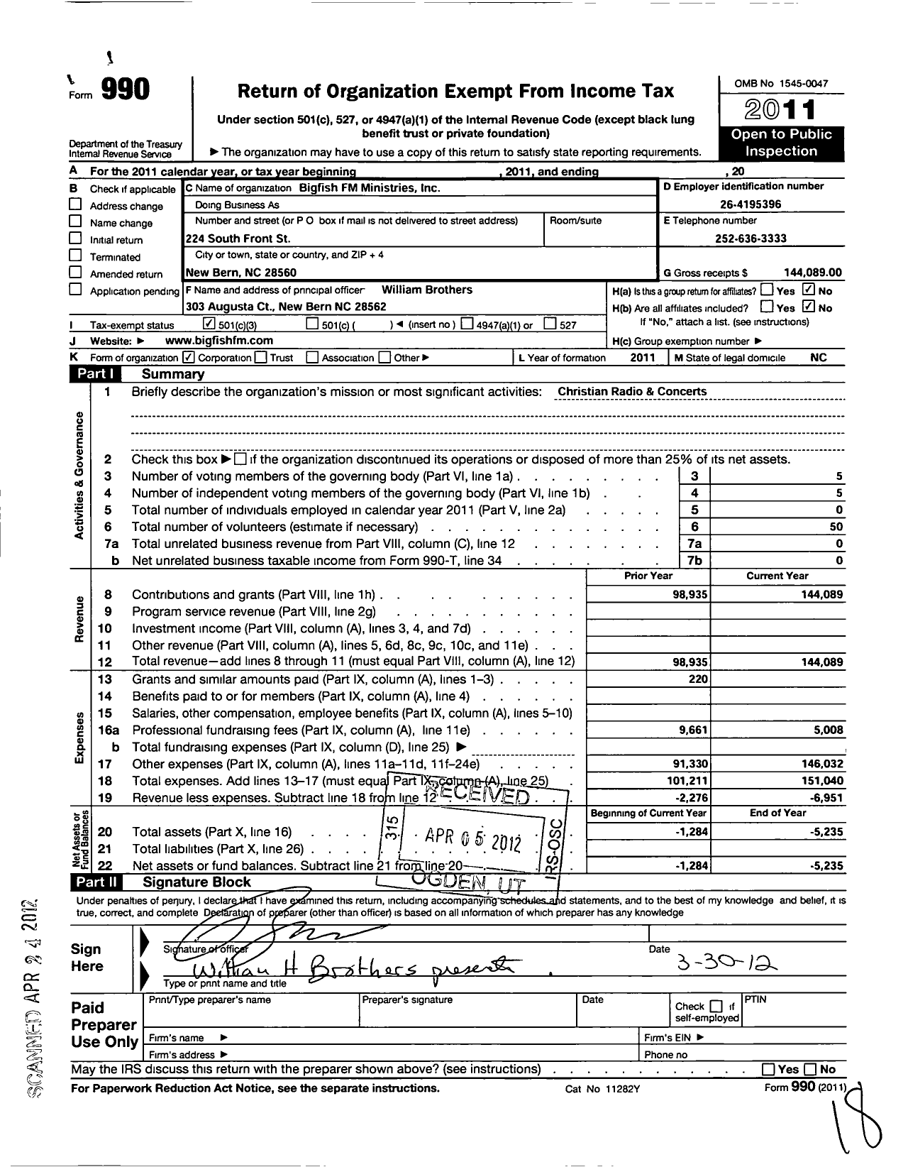 Image of first page of 2011 Form 990 for Bigfish FM Ministries