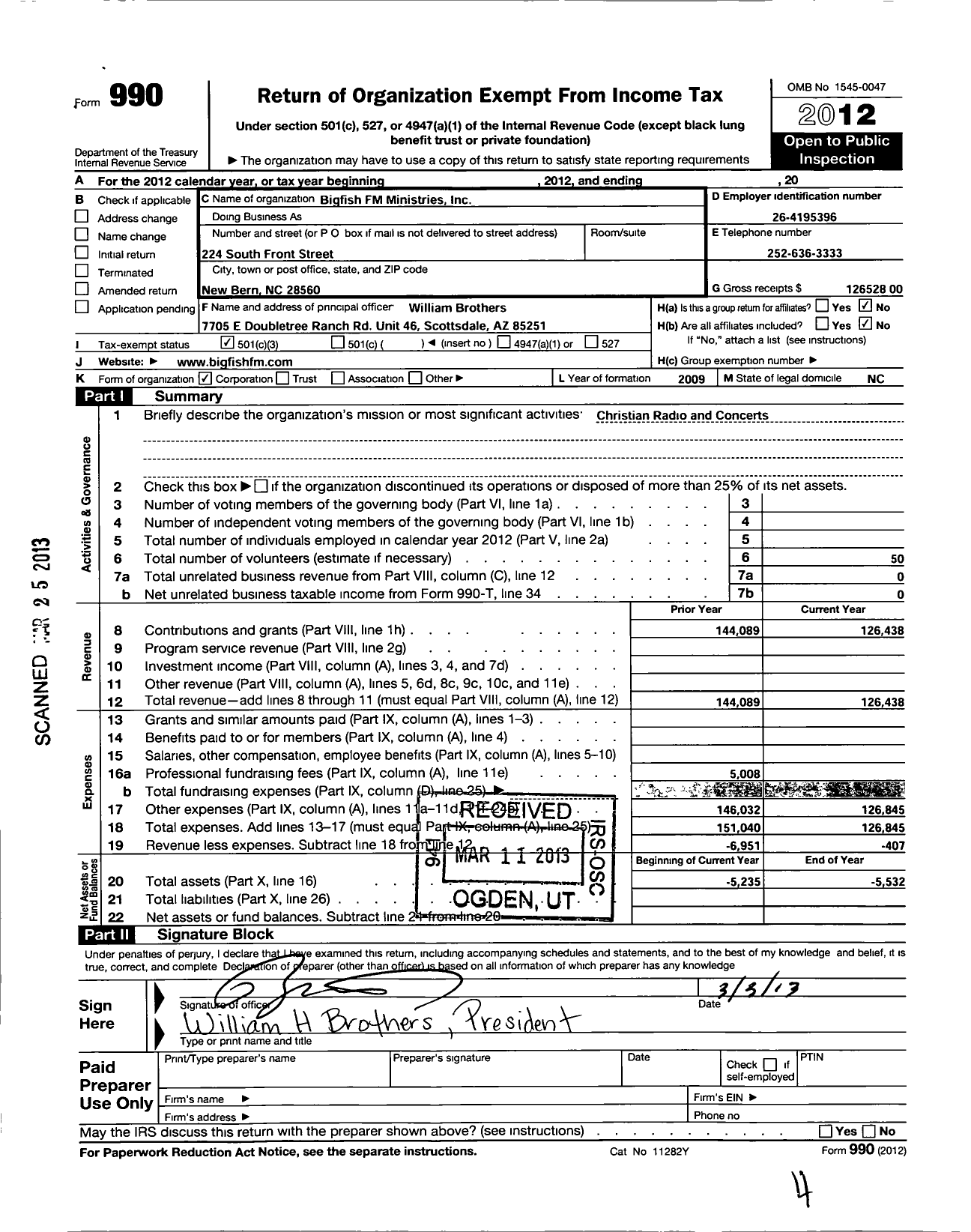 Image of first page of 2012 Form 990 for Bigfish FM Ministries