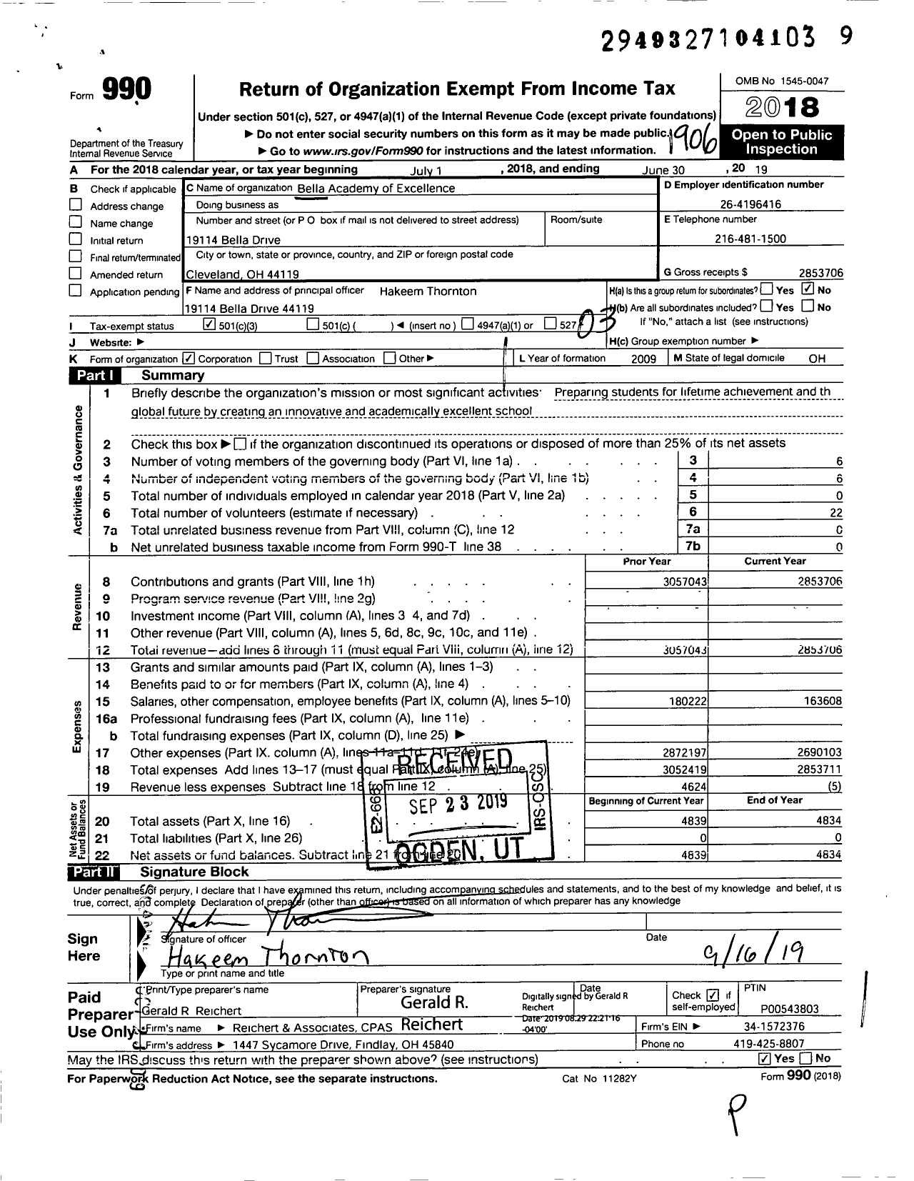 Image of first page of 2018 Form 990 for Imagine Bella Academy of Excellence