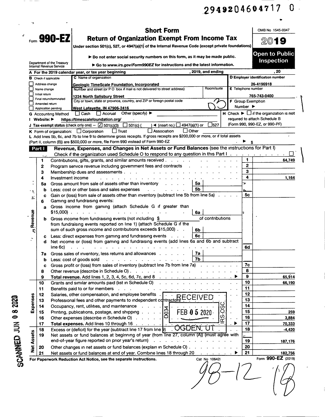 Image of first page of 2019 Form 990EZ for Geologic Timescale Foundation Incorporated