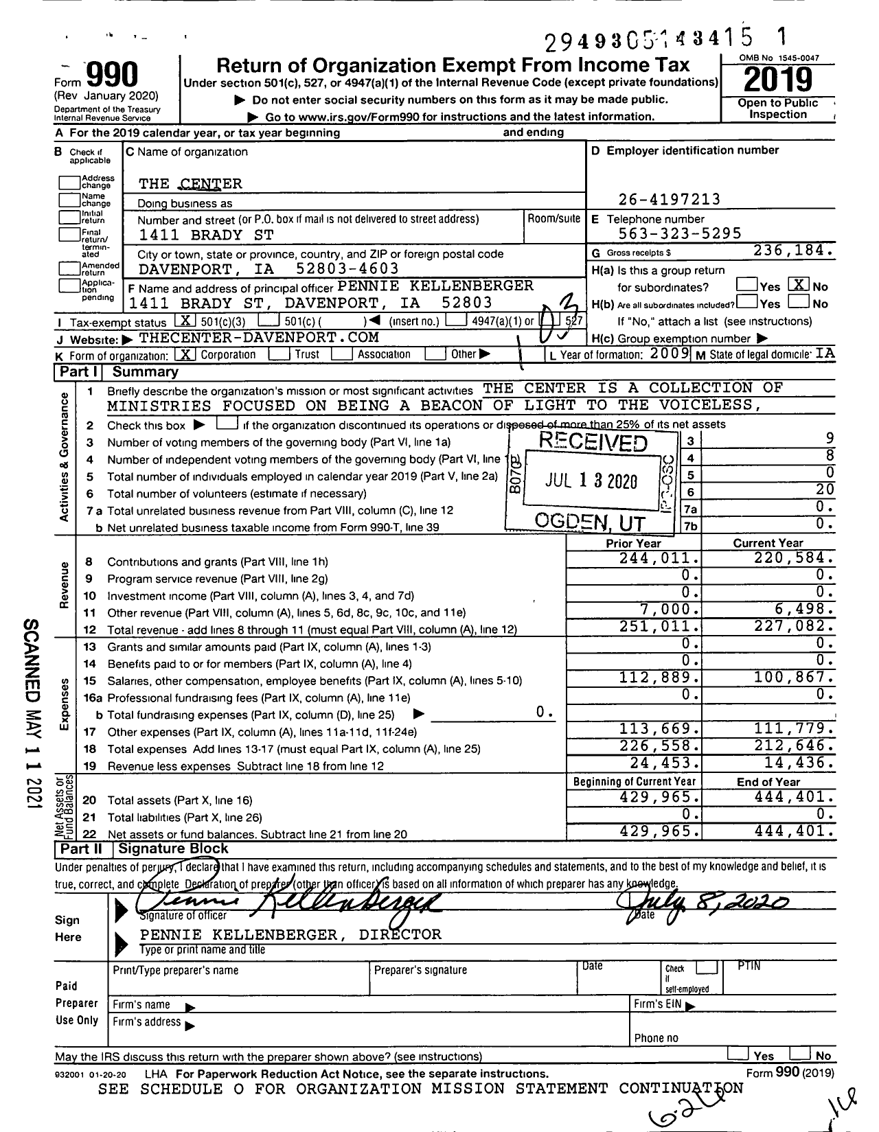 Image of first page of 2019 Form 990 for The Center