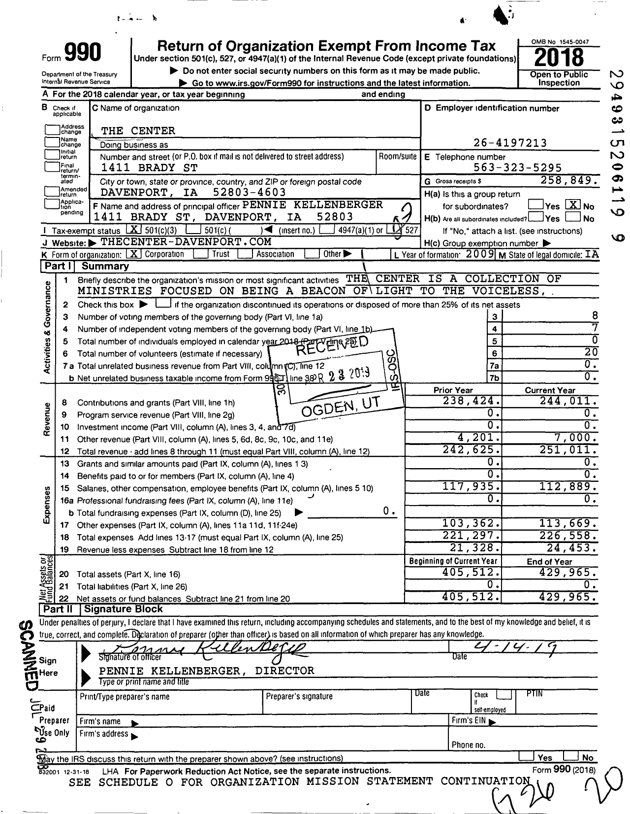 Image of first page of 2018 Form 990 for The Center