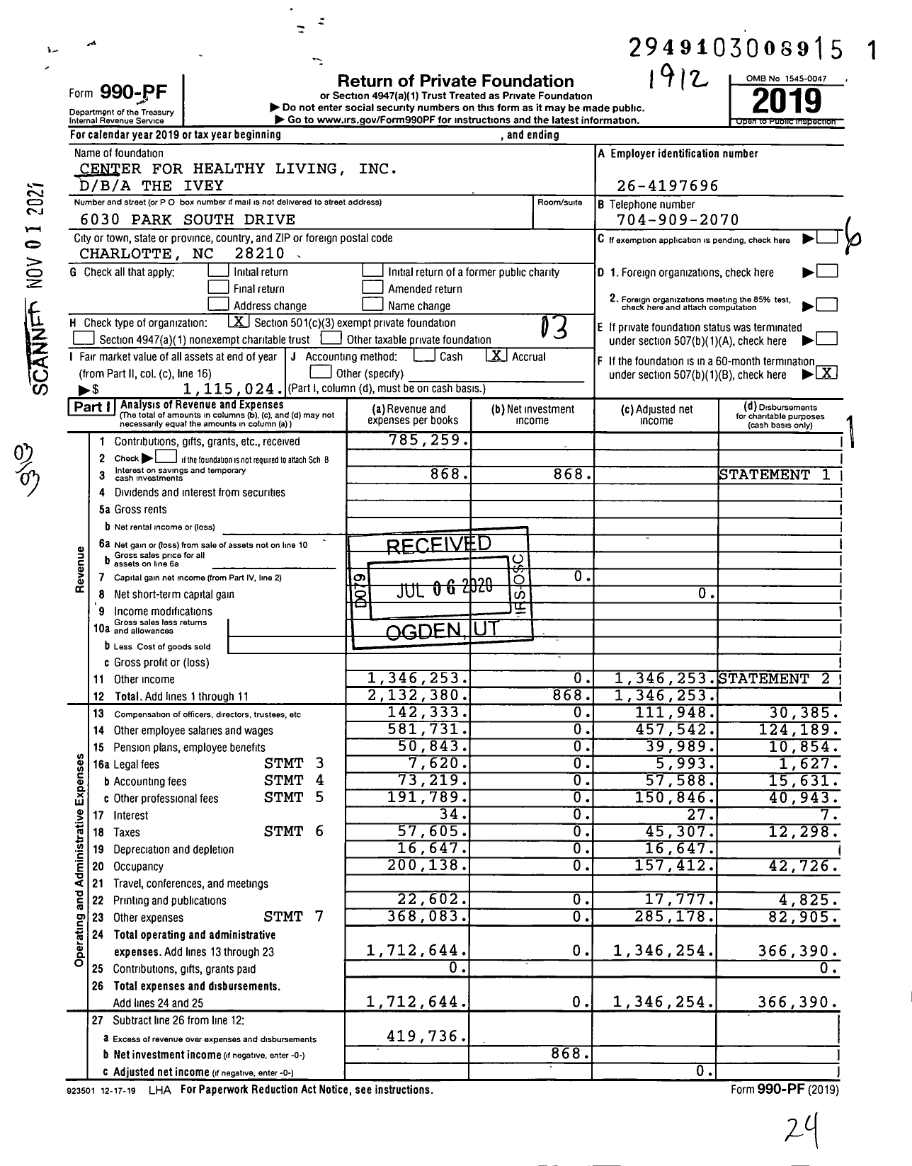 Image of first page of 2019 Form 990PF for B / A the Ivey