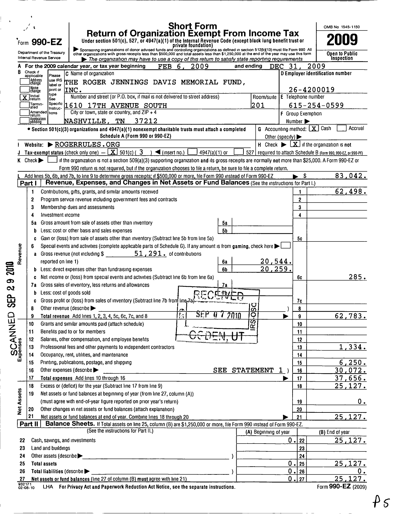 Image of first page of 2009 Form 990EZ for Roger Jennings Davis Memorial Fund