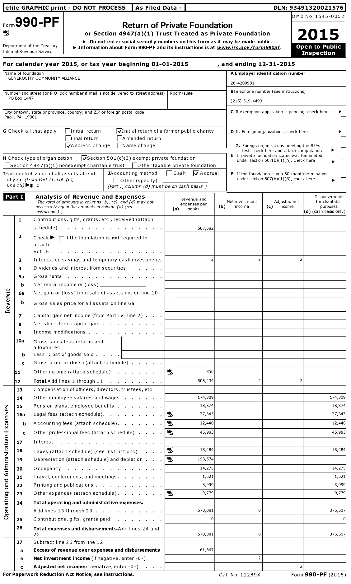 Image of first page of 2015 Form 990PF for GeneroCity Community Alliance