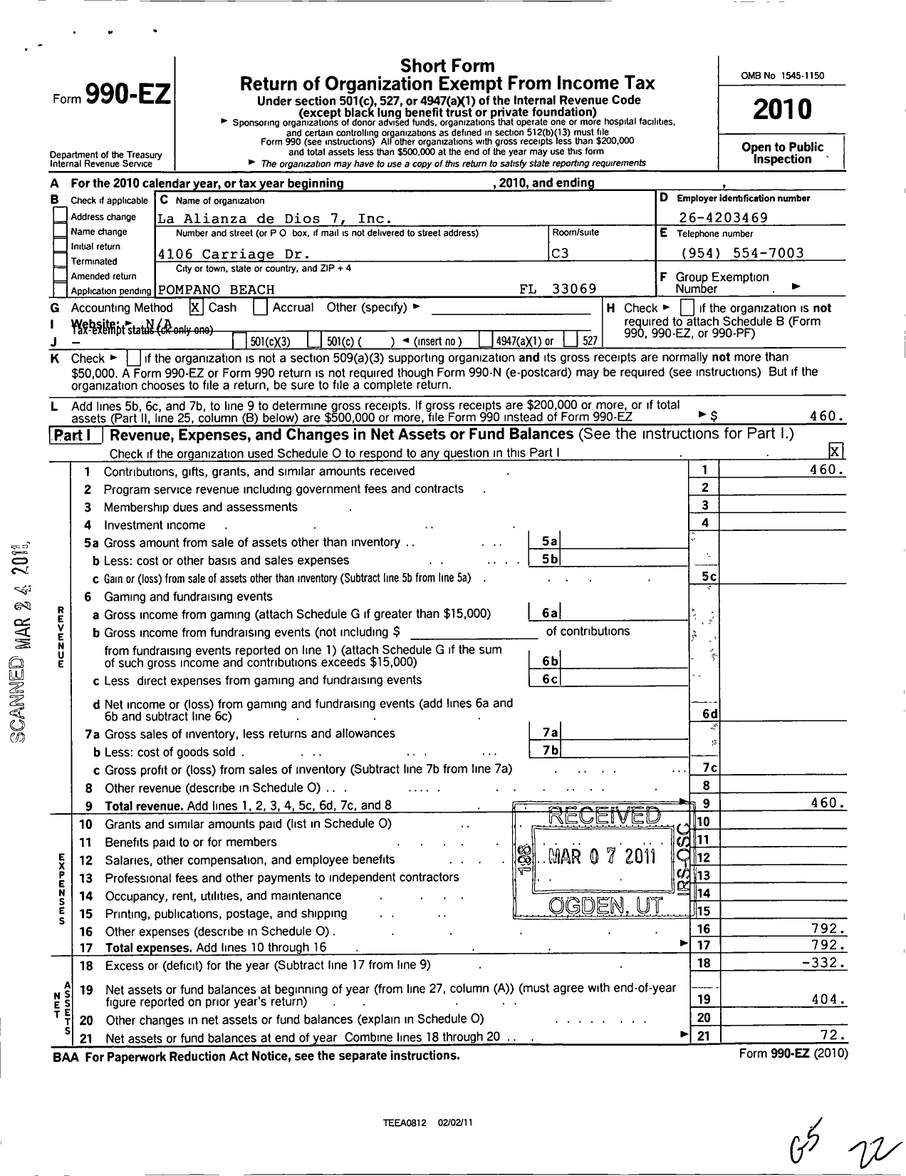 Image of first page of 2010 Form 990EO for La Alianza de Dios 7