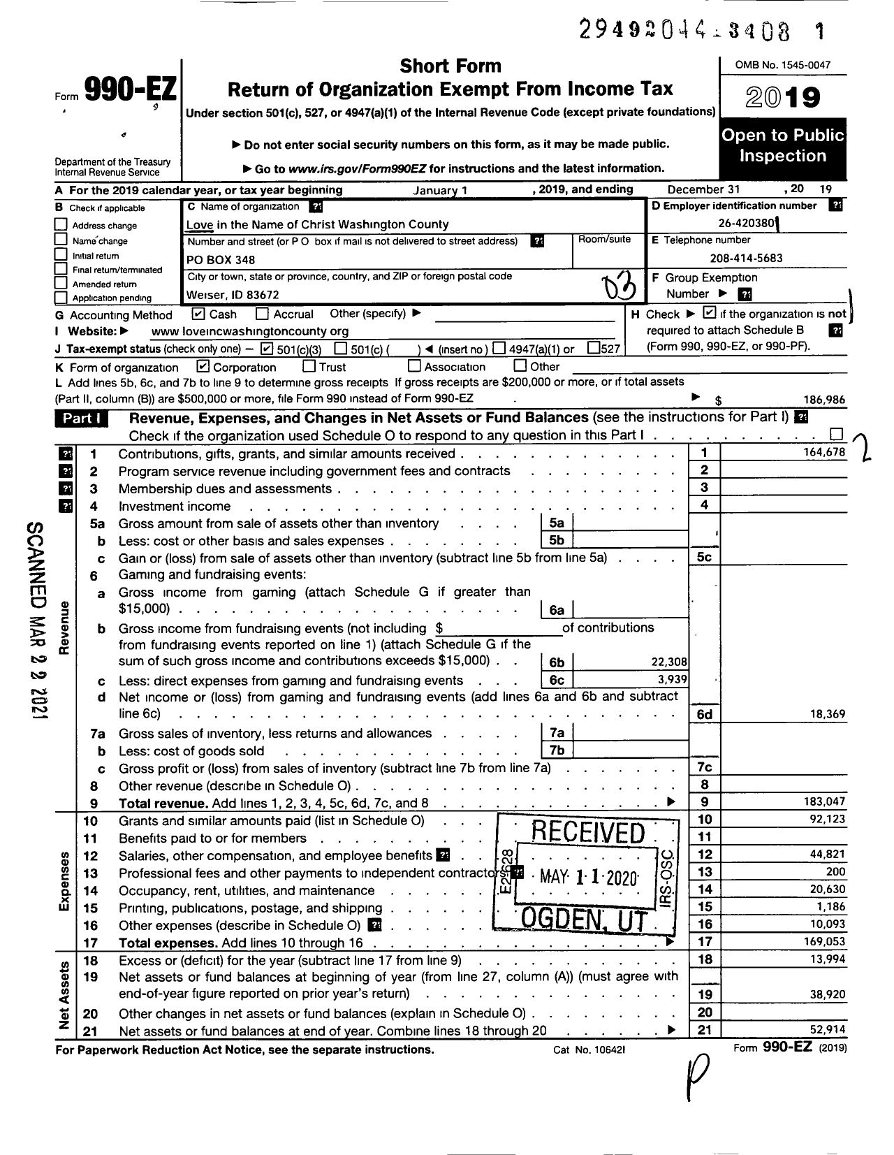 Image of first page of 2019 Form 990EZ for Love INC of Washington County