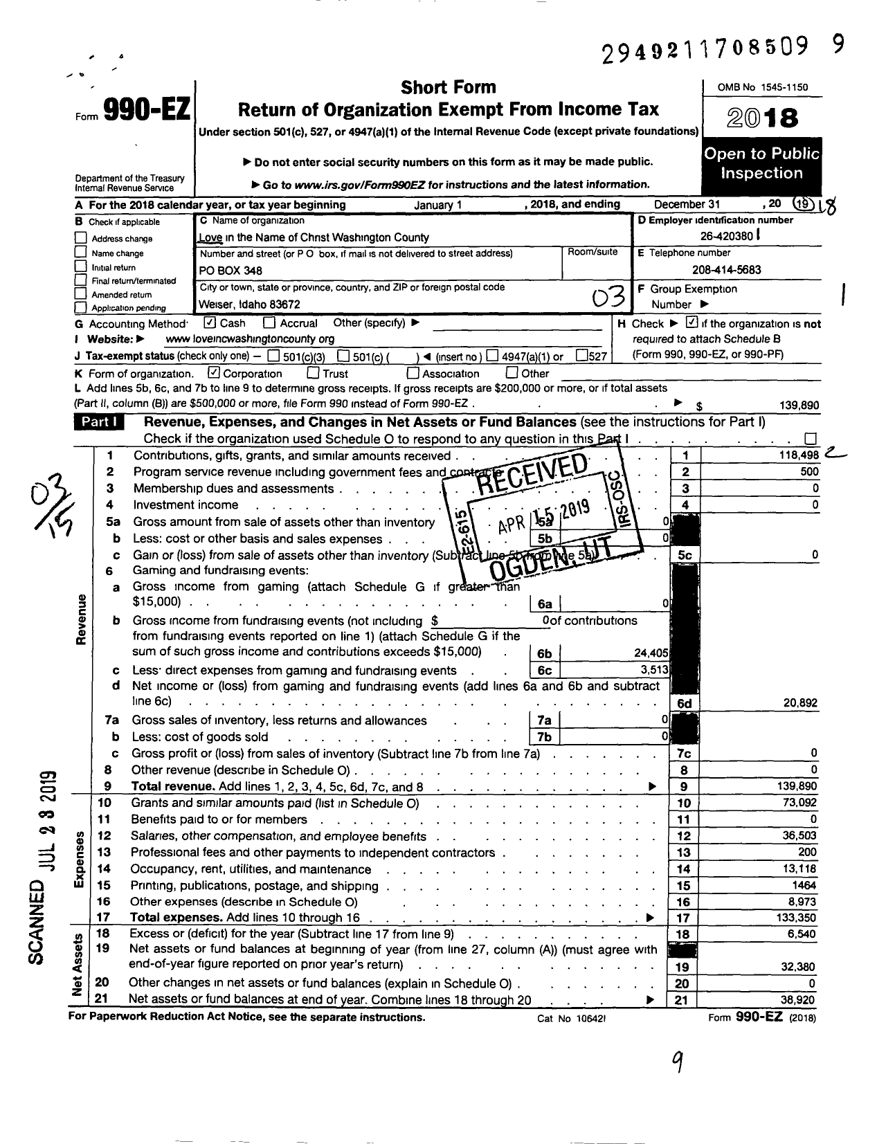 Image of first page of 2018 Form 990EZ for Love Inc of Washington County