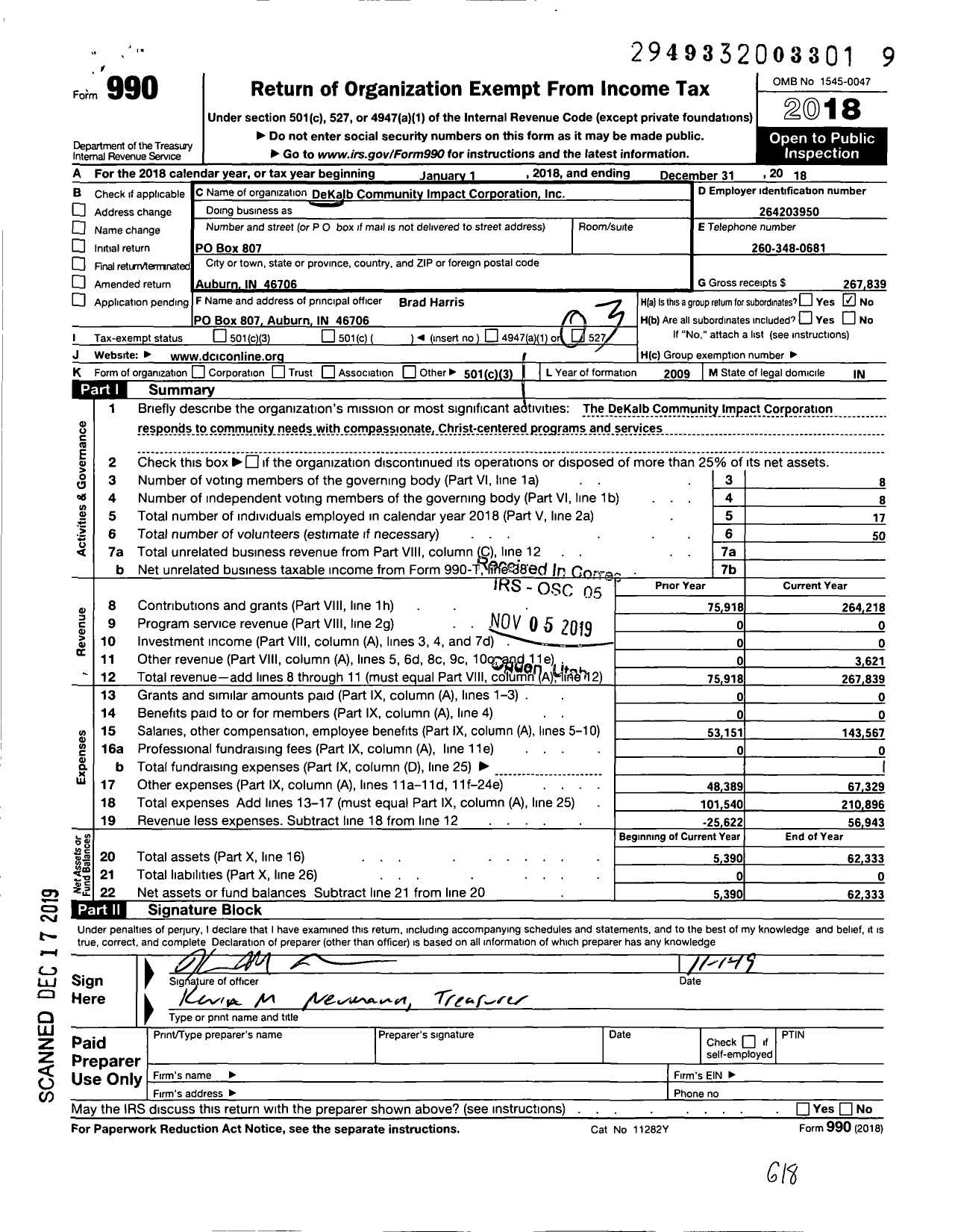 Image of first page of 2018 Form 990 for Dekalb Community Impact Corporation