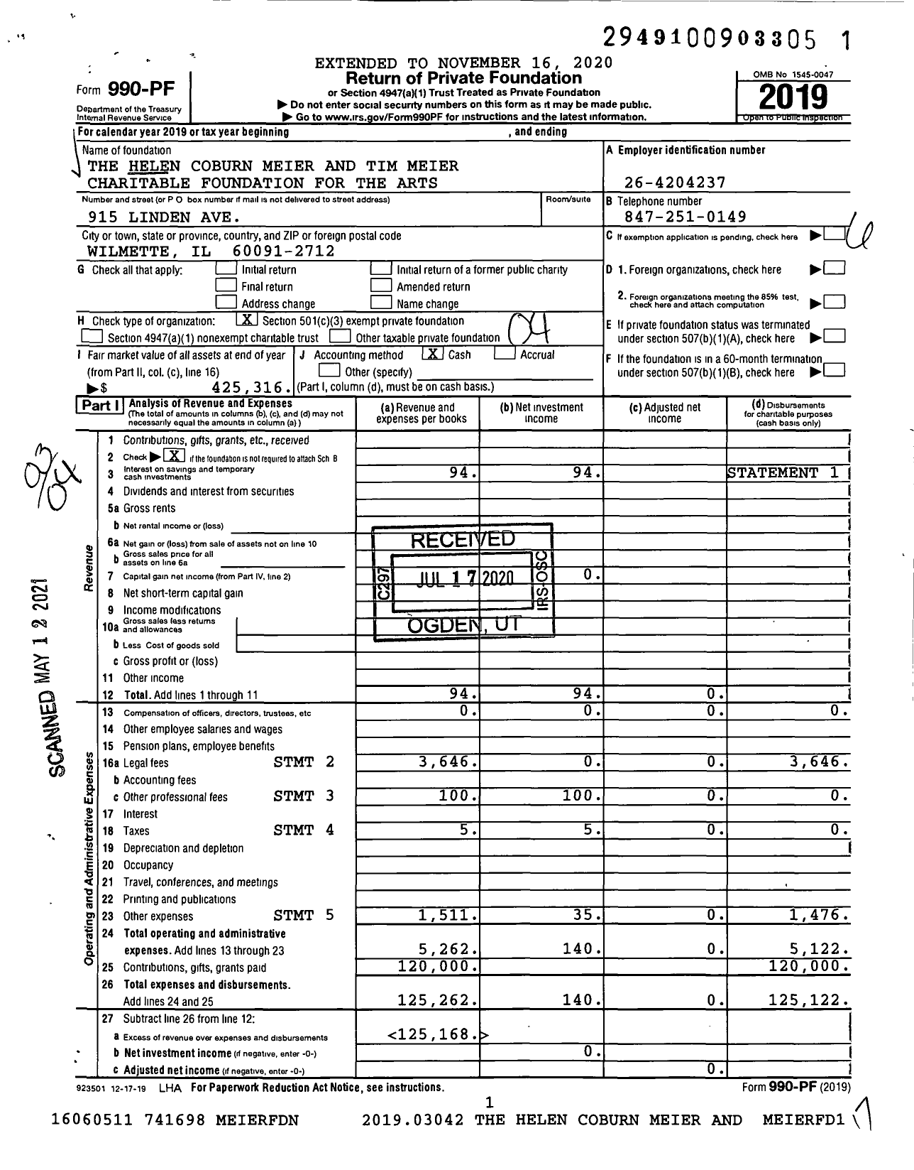 Image of first page of 2019 Form 990PF for The Helen Coburn Meier and Tim Meier Charitable Foundation for the Arts