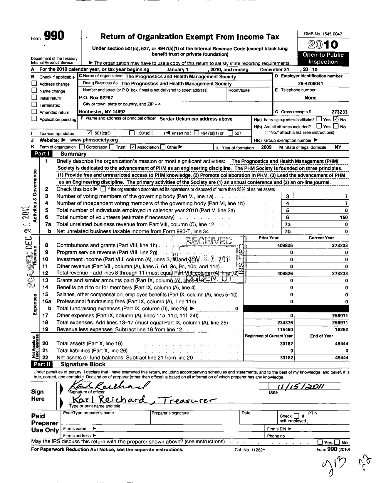 Image of first page of 2010 Form 990 for Prognostics and Health Management Society