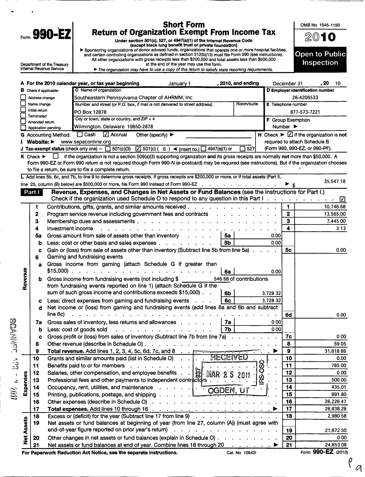 Image of first page of 2010 Form 990EO for SEPAC