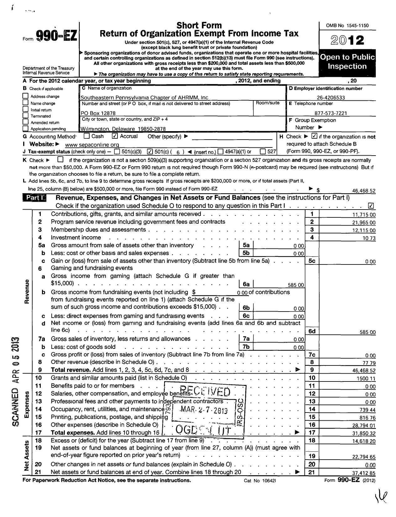 Image of first page of 2012 Form 990EO for SEPAC