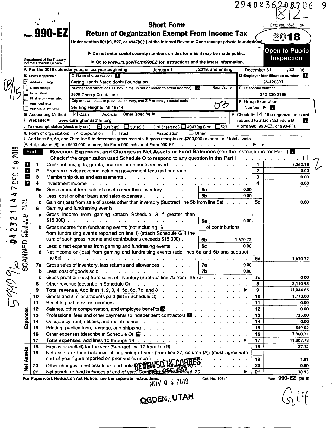 Image of first page of 2018 Form 990EZ for Caring Hands Sarcoidosis Foundation