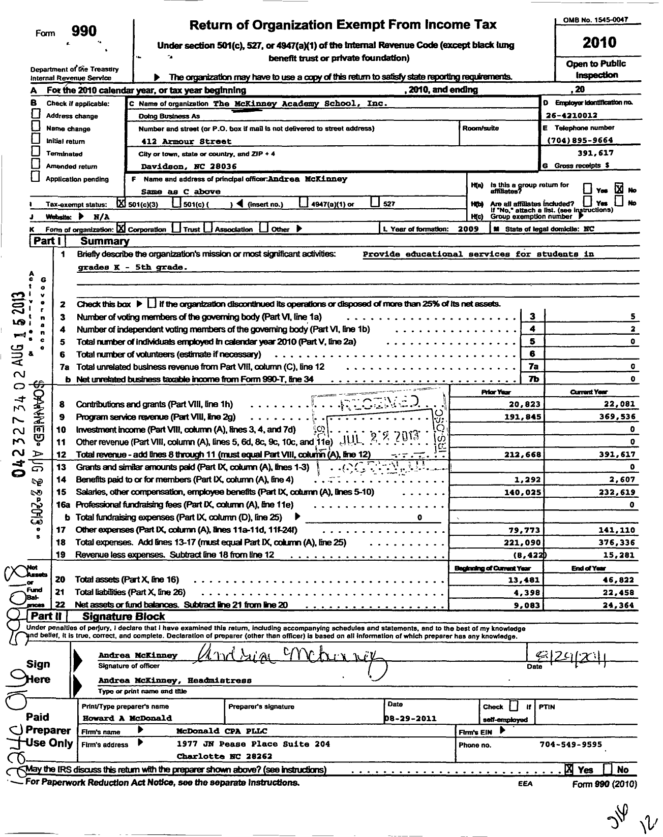 Image of first page of 2010 Form 990 for Mckinney Academy School