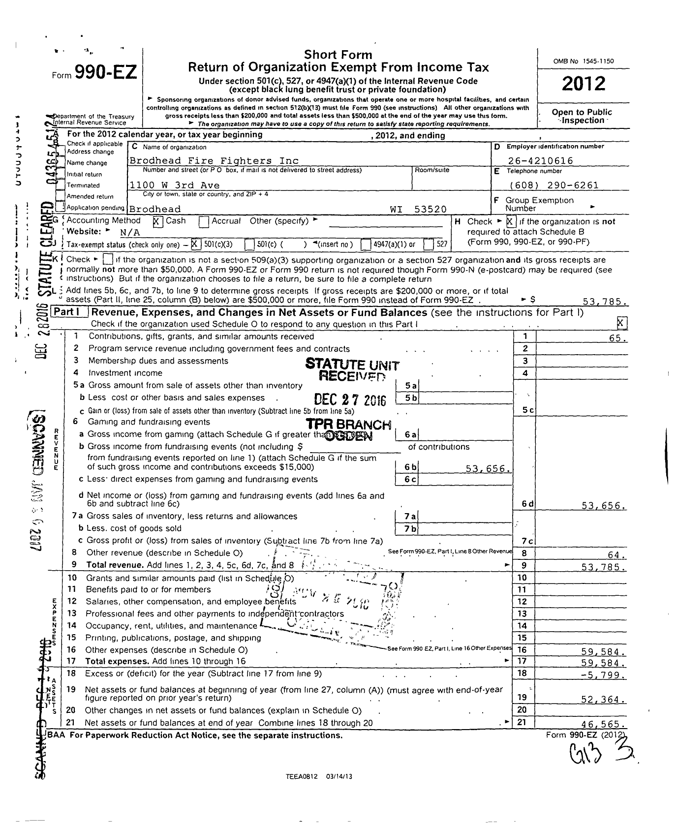 Image of first page of 2012 Form 990EZ for Brodhead Firefighters