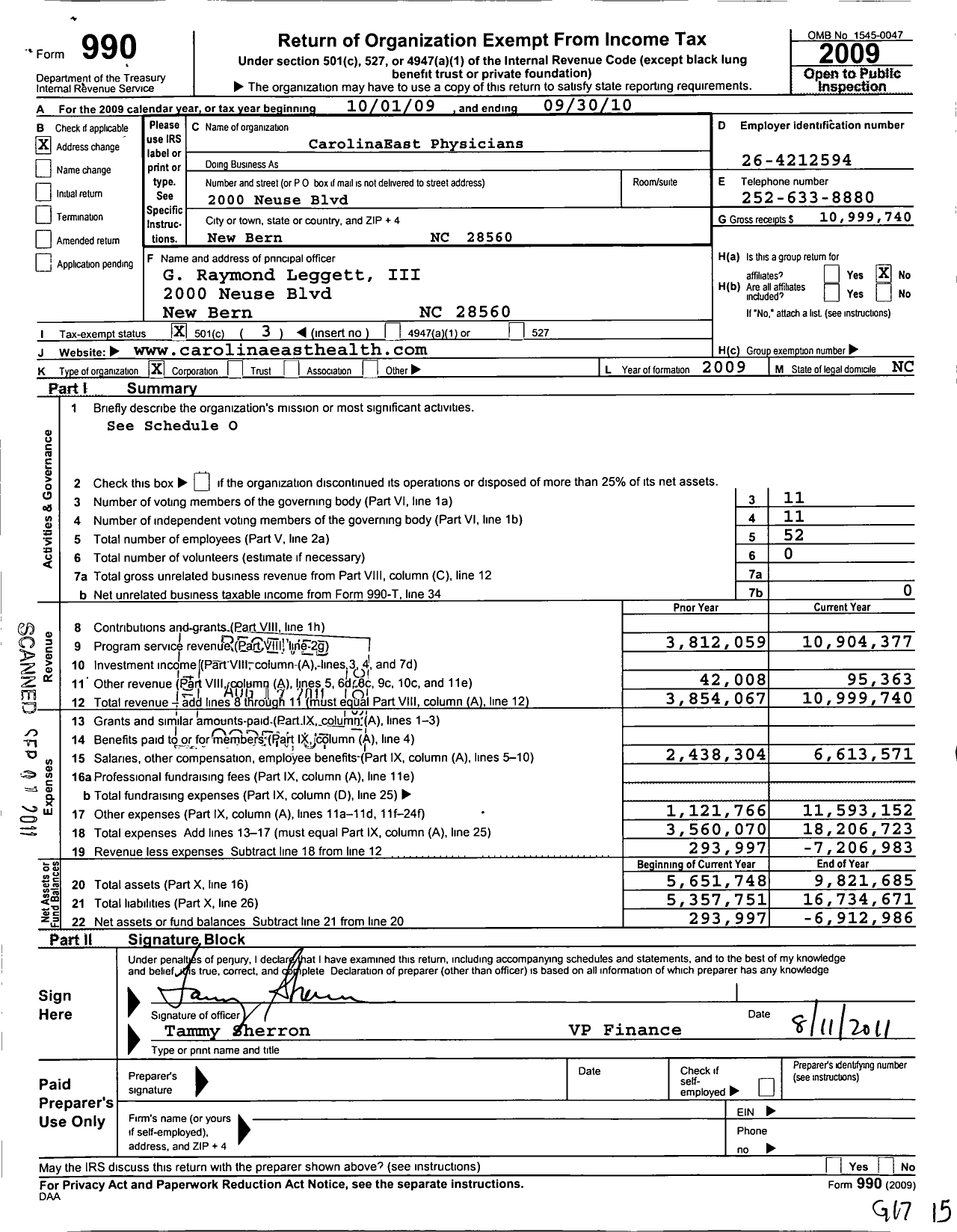 Image of first page of 2009 Form 990 for Carolinaeast Physicians