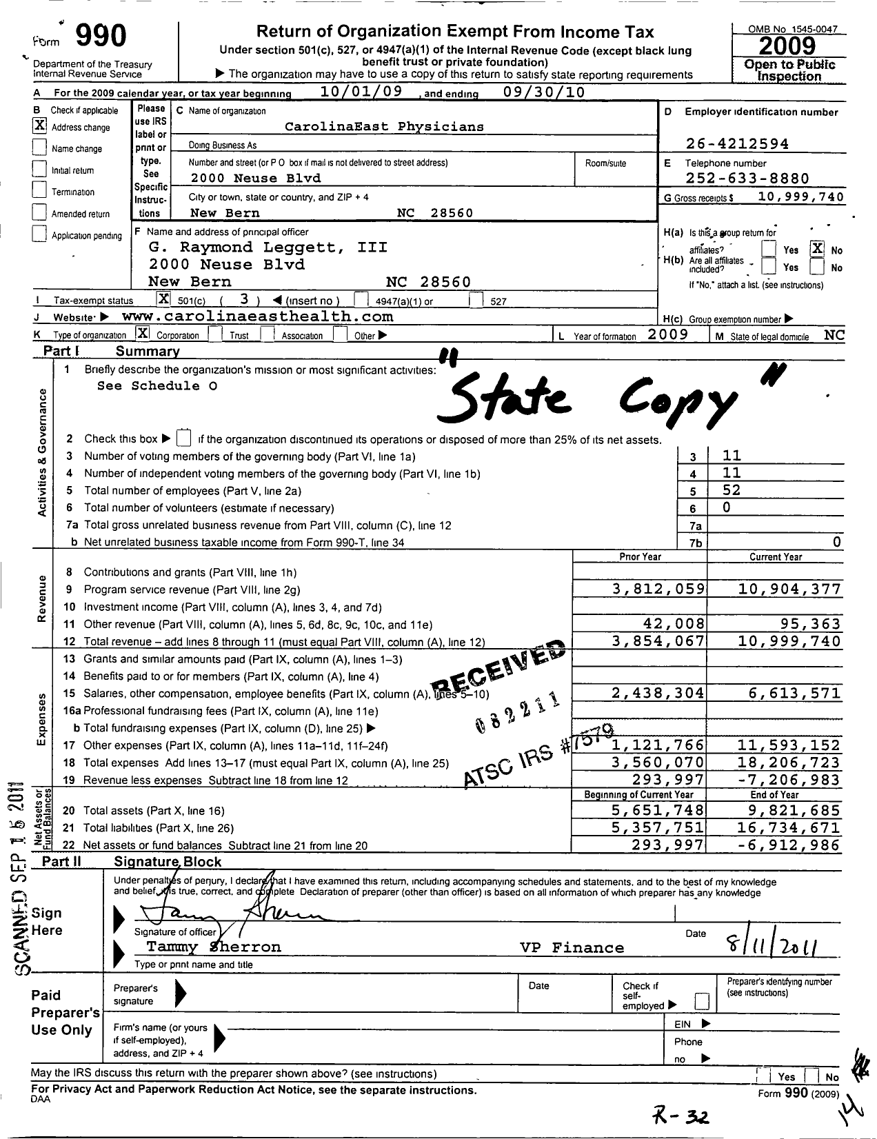 Image of first page of 2009 Form 990 for Carolinaeast Physicians