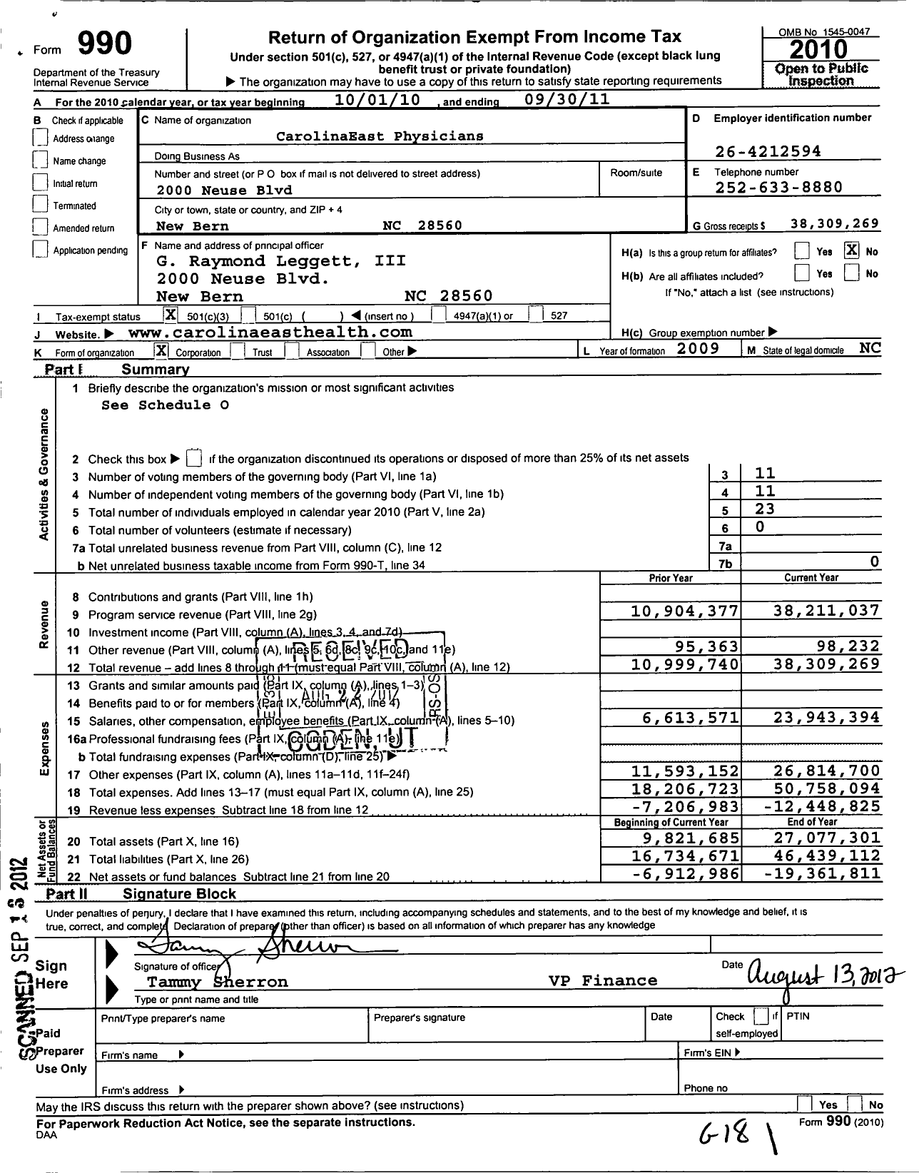 Image of first page of 2010 Form 990 for Carolinaeast Physicians