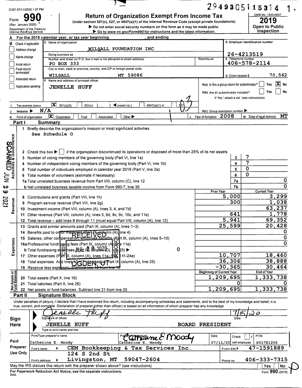 Image of first page of 2019 Form 990 for Wilsall Foundation