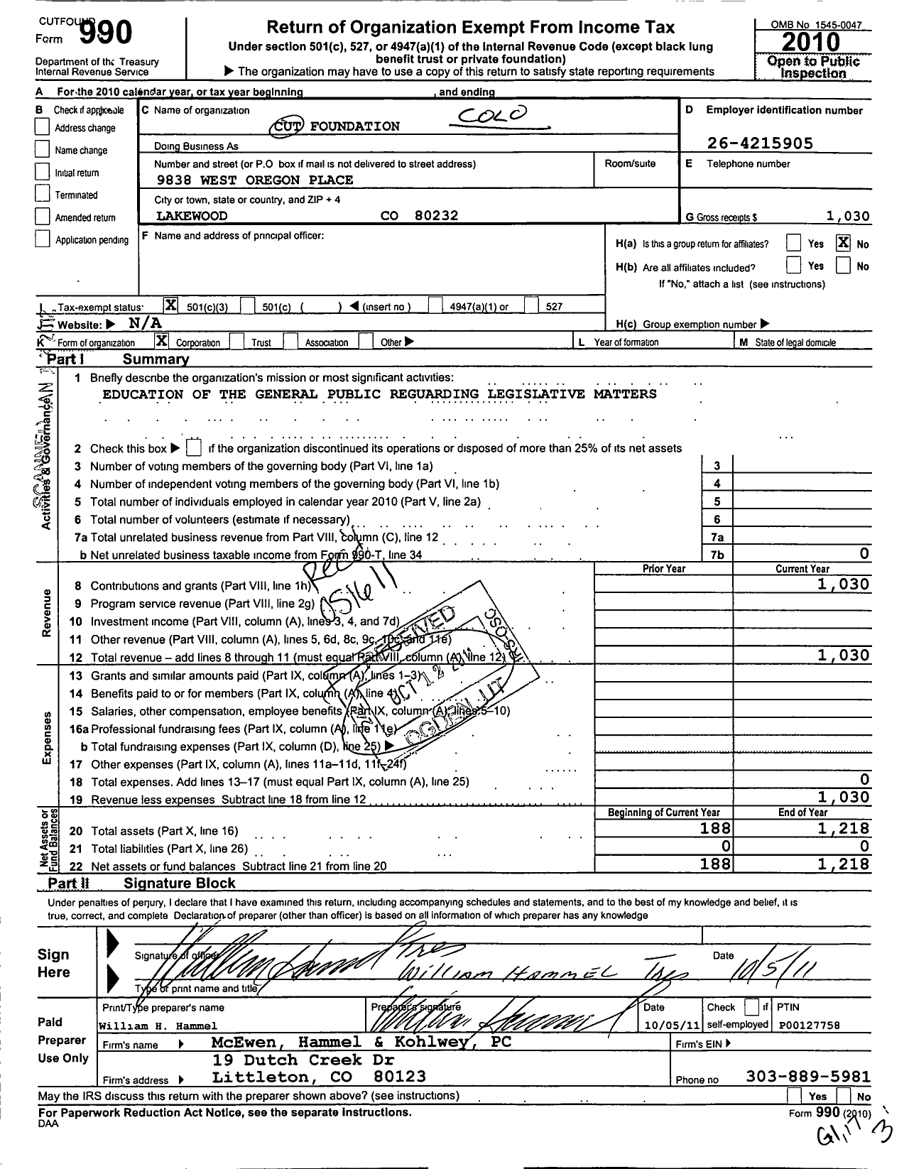 Image of first page of 2010 Form 990 for Colorado Union of Taxpayers Foundation