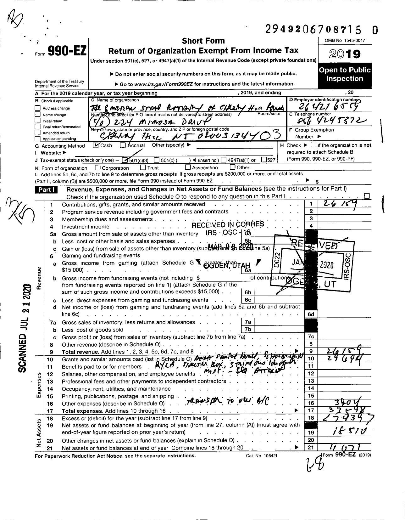 Image of first page of 2019 Form 990EZ for Garden State Rotary of Cherry Hill Foundation