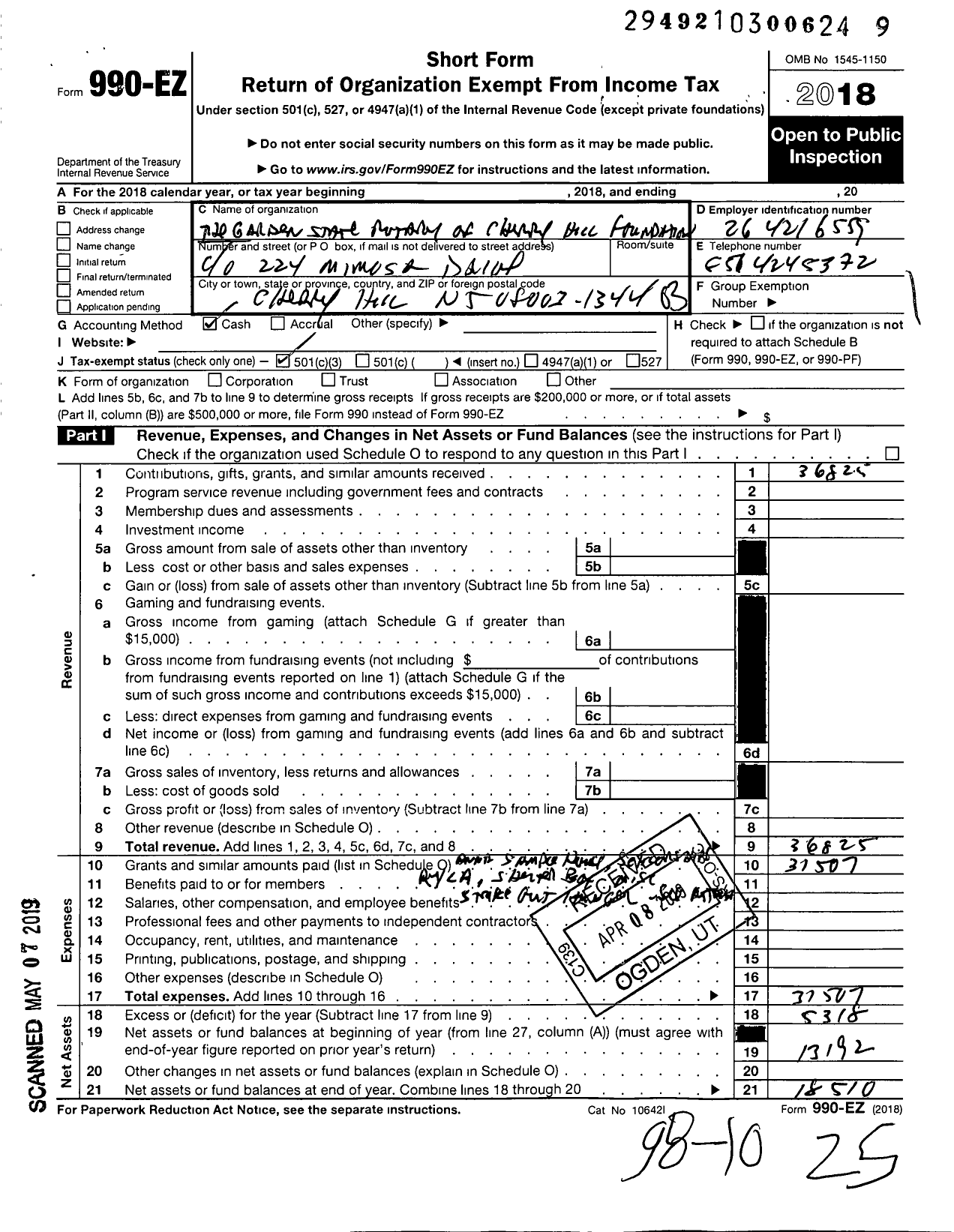 Image of first page of 2018 Form 990EZ for Garden State Rotary of Cherry Hill Foundation